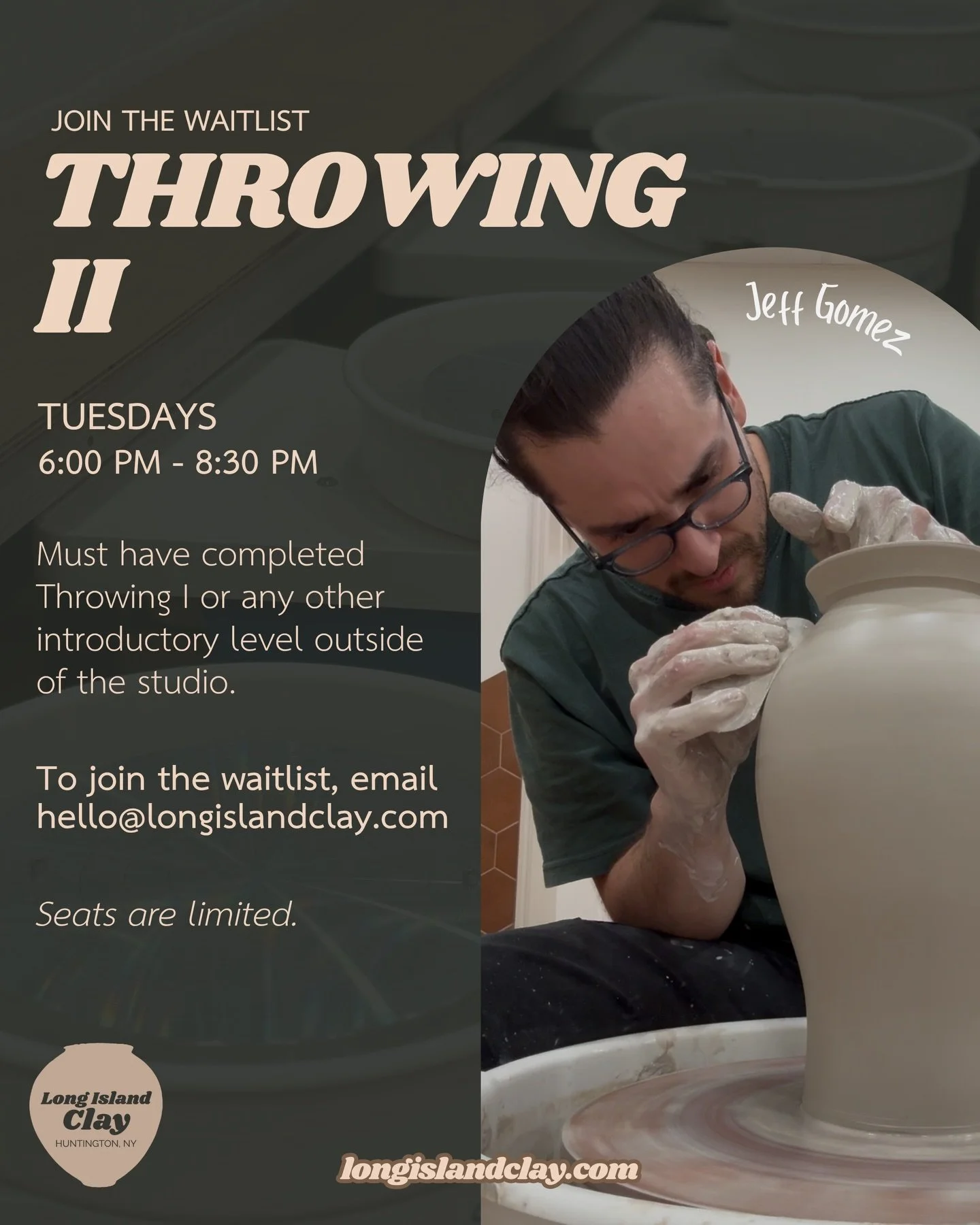 Intermediate throwers, this one&rsquo;s for you!

If you&rsquo;ve completed a Throwing 1 class and have the basics down, come explore more advanced techniques in our Throwing 2 class with @jeff_gomez._. 

To join the waitlist, email hello@longislandc