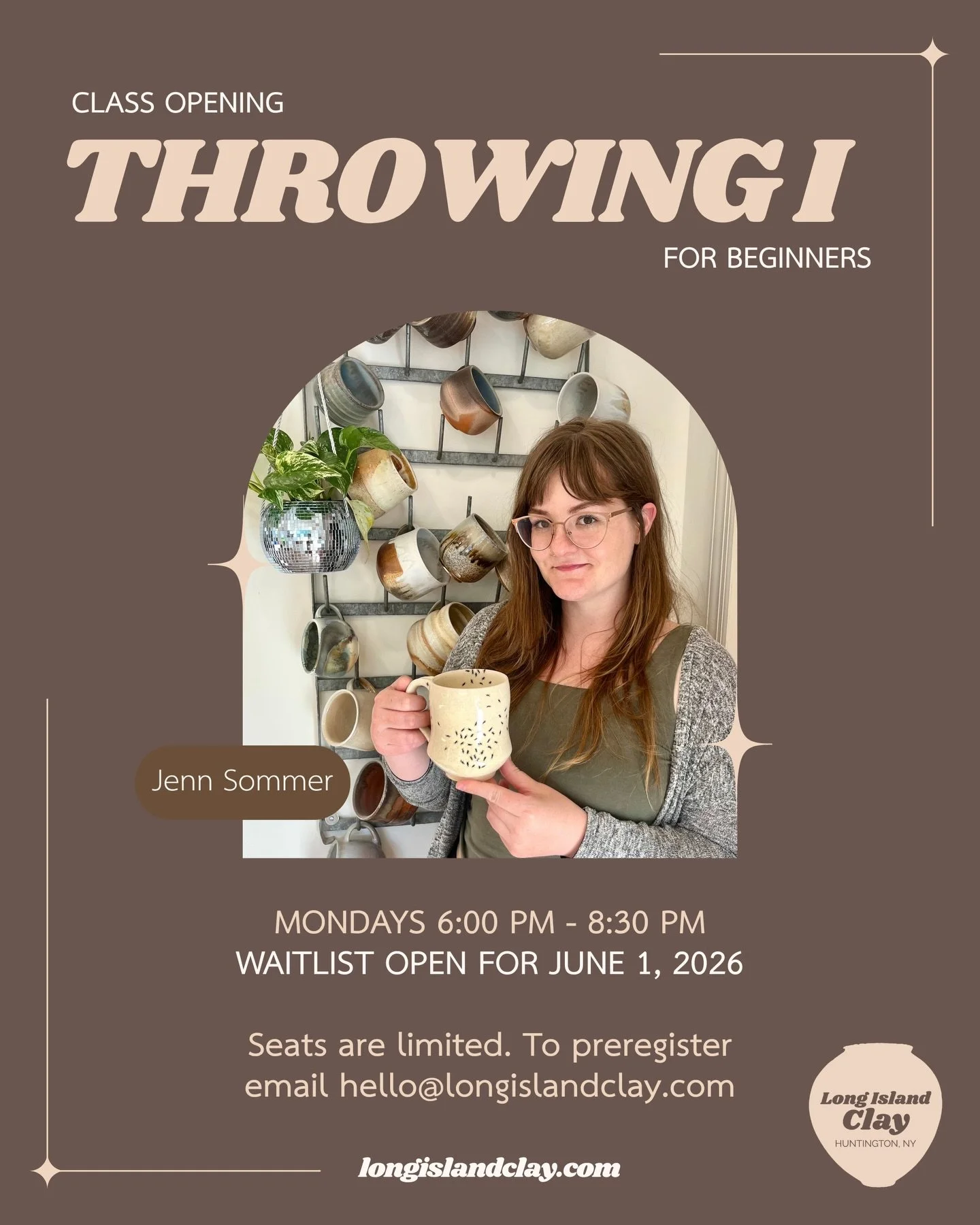 Starting next month! Join @jnnsmmr on the wheel during this 8-week course designed for beginners. 

This class begins June 1, and seats are limited. Email hello@longislandclay.com to join the waitlist.

#huntingtonNY #ceramicstudio #potterystudio #wh