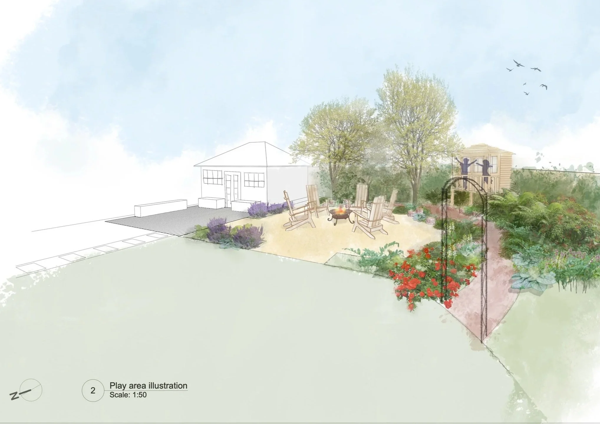 Illustration of a backyard play area with a fire pit surrounded by chairs, trees, shrubs, a small shed, and a garden bed, with a mix of drawn and colored elements.