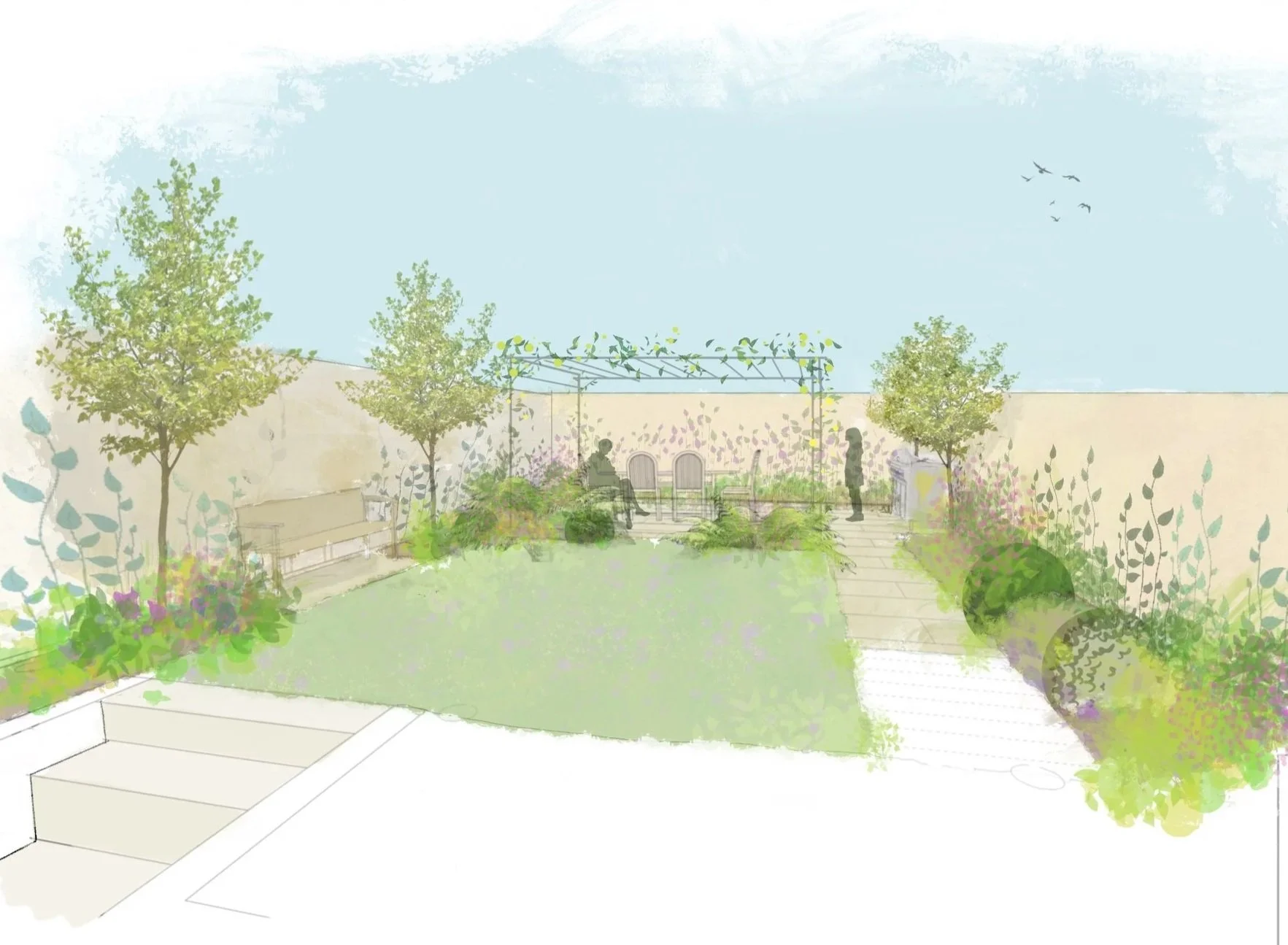 Sketch or watercolor illustration of a backyard garden with trees, bushes, a grassy lawn, a stone pathway, benches, and people.