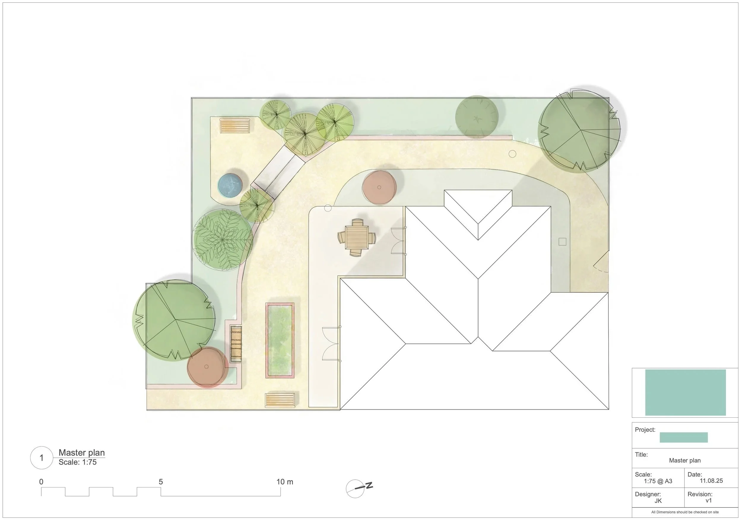 A master landscape plan for a residential property, showing trees, pathways, and outdoor furniture, with a swimming pool in the bottom right corner.
