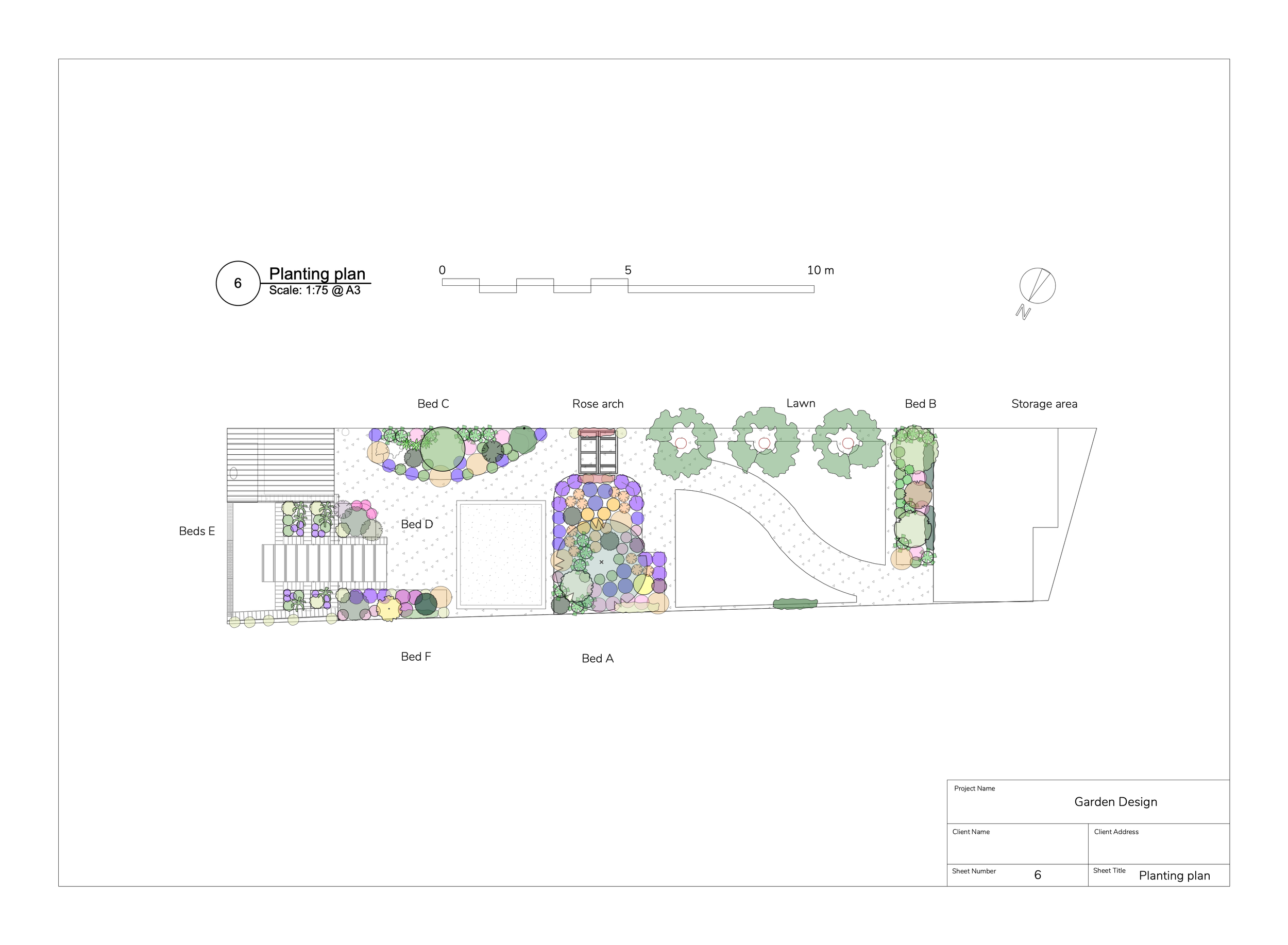An Oxford city garden design elevation showing an outdoor area with trees, shrubs, a seating bench, a fence, and a person standing on a balcony reading a book. There are also smaller plants and a sun in the sky.