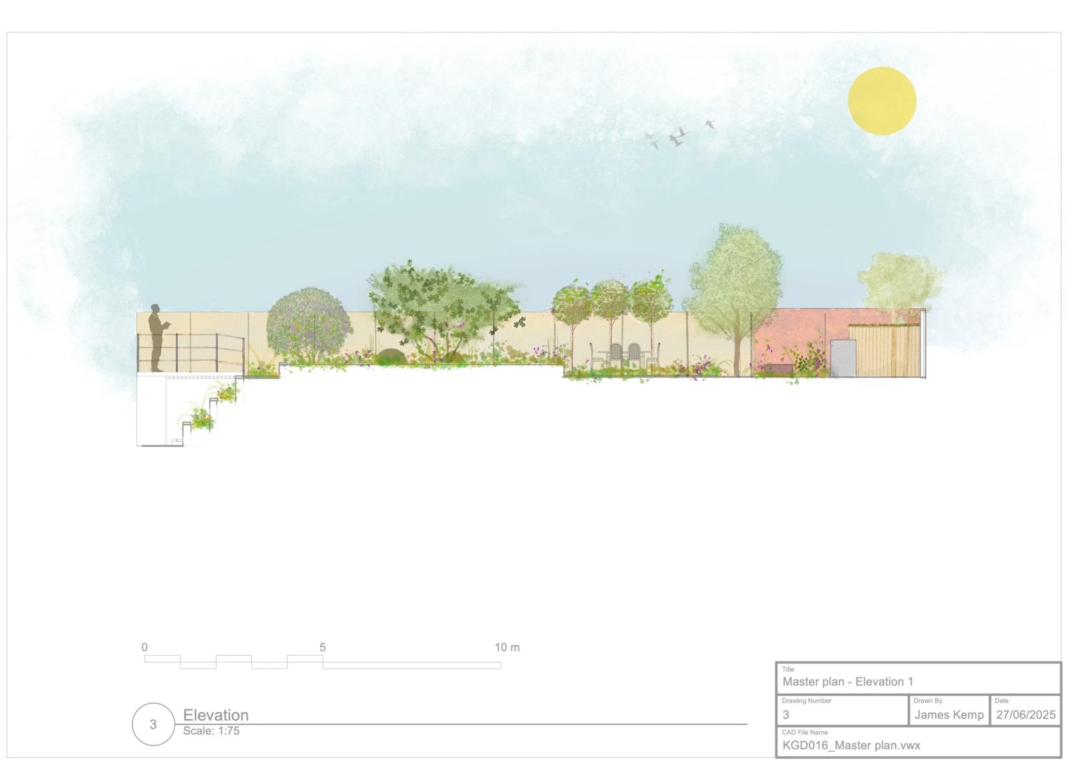 An Oxford city garden design elevation showing an outdoor area with trees, shrubs, a seating bench, a fence, and a person standing on a balcony reading a book. There are also smaller plants and a sun in the sky.