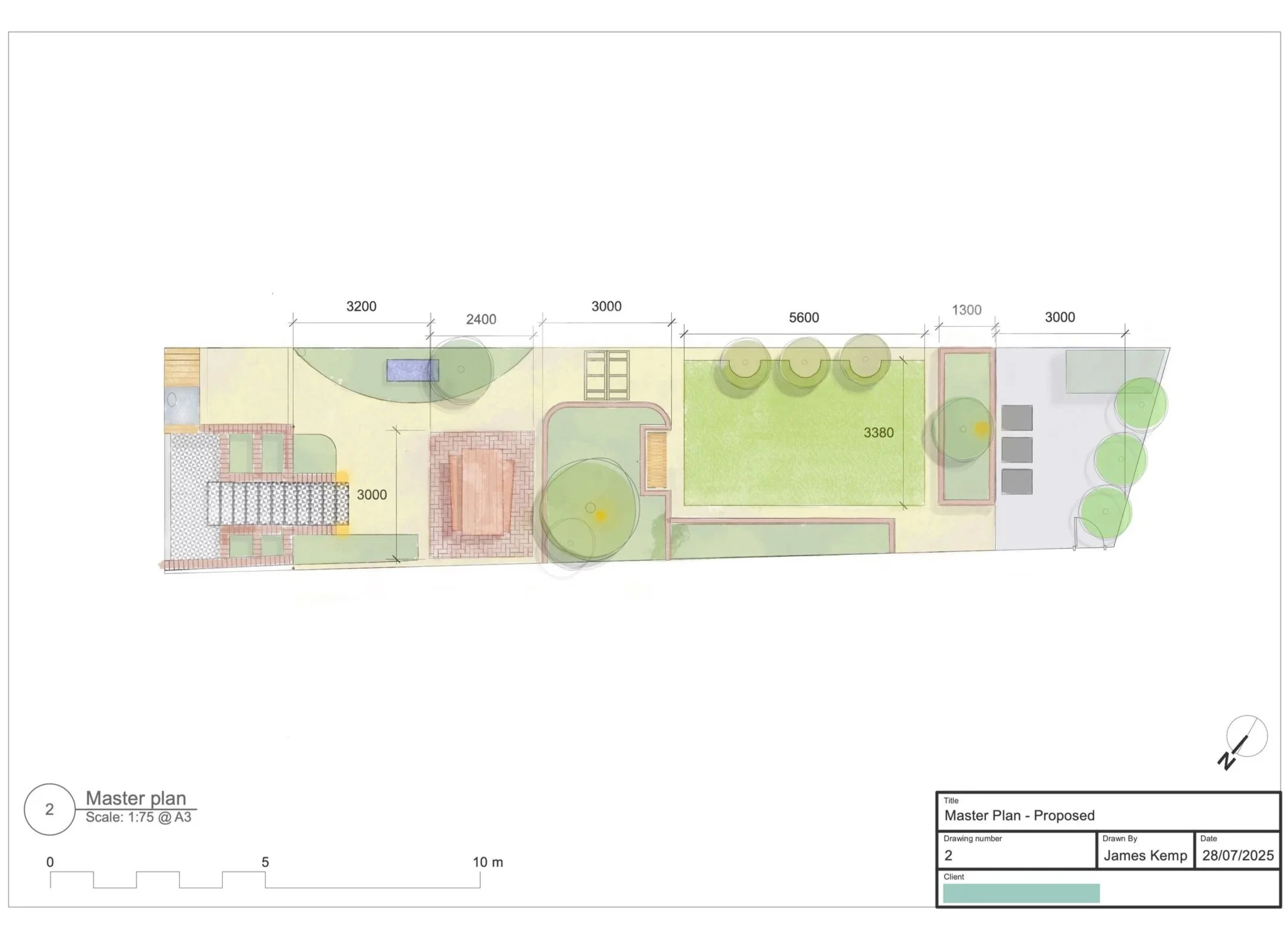 Landscape master plan showing garden spaces, including a dining area, planting beds, a lawn, gravel pathways, trees, rose arch, utility area with measurements and a scale.