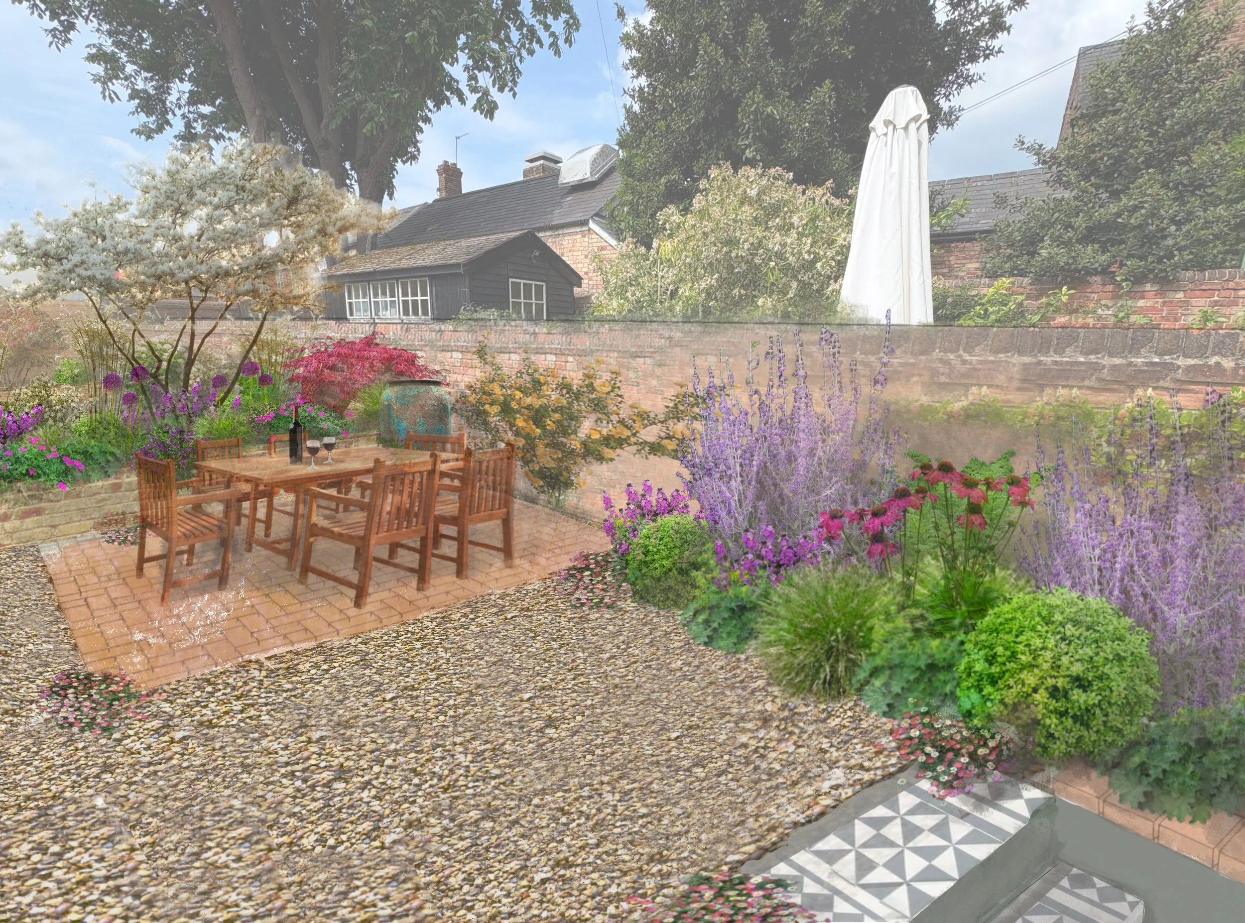 An Oxford city garden design render with cotswold paver dining area in the shade of a multi-stem tree, a wooden outdoor dining table with four chairs, a bottle of wine, two glasses, various flowering plants.