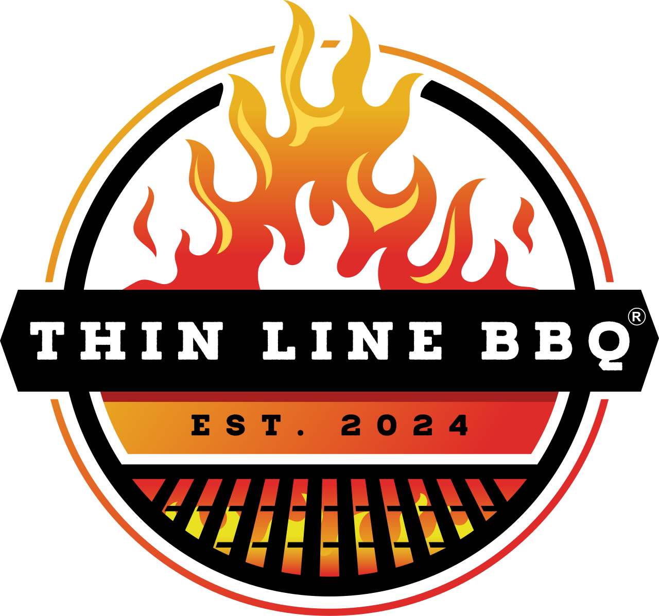 Logo for Thin Line BBQ with a circular design, flames at the top, 'THIN LINE BBQ' text in the middle, and 'EST. 2024' on an orange gradient banner at the bottom.