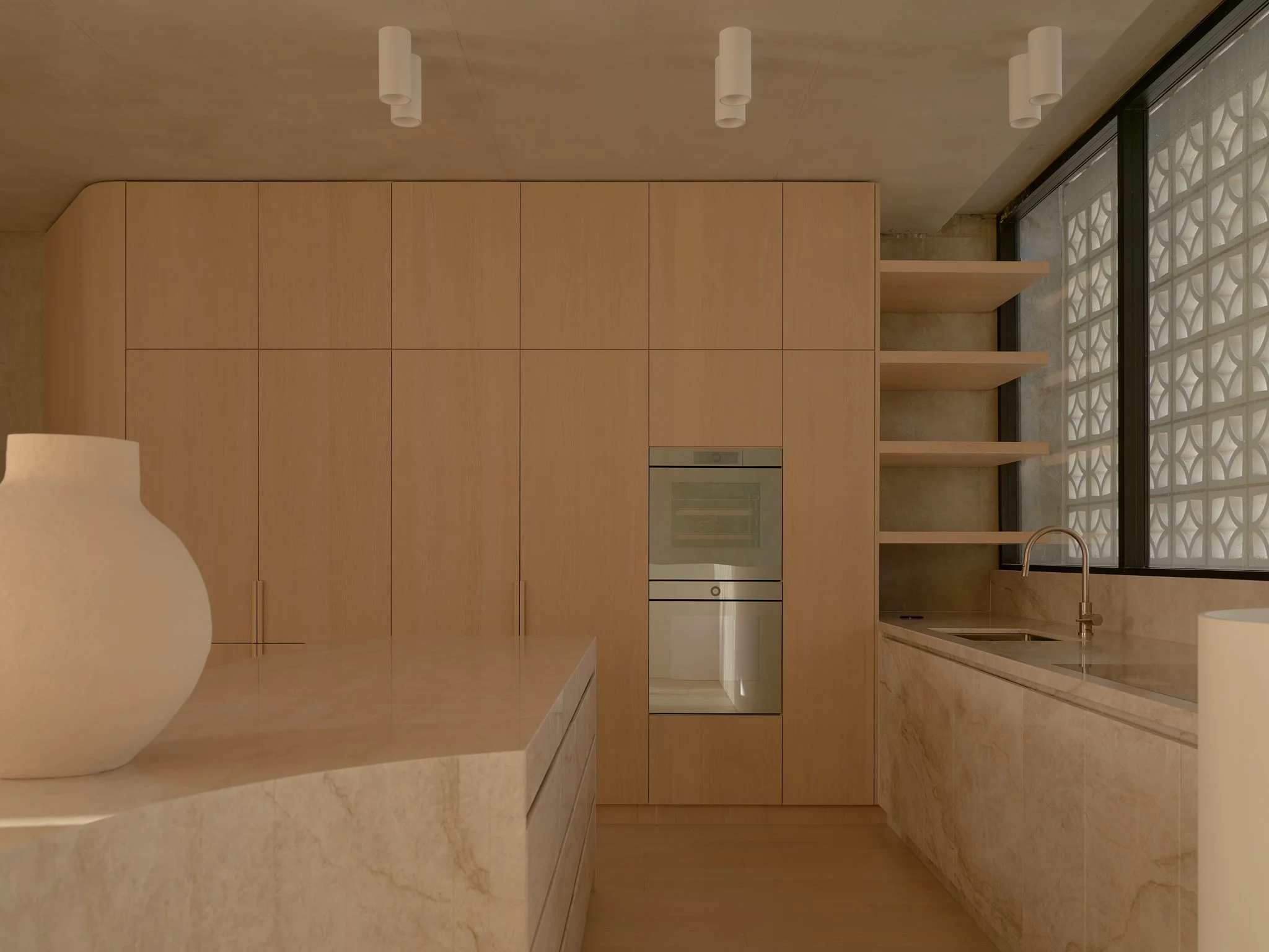 Modern kitchen with wood cabinets, built-in oven, marble countertop, open shelves, large window with patterned glass, and pendant lights