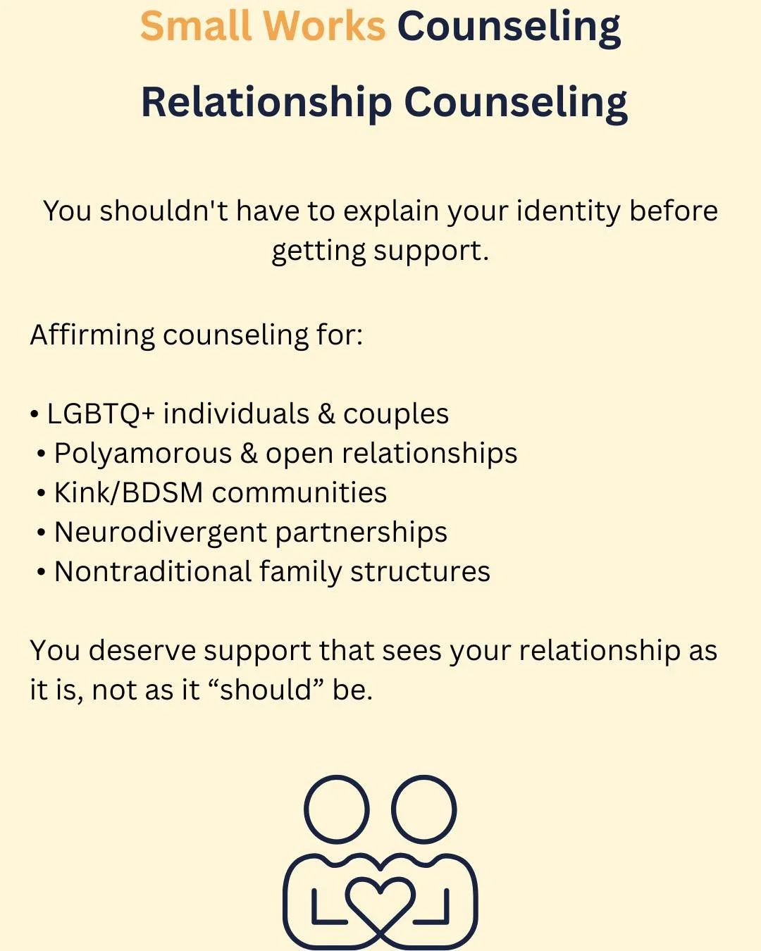 #lgbtqtherapy #polyamory #kinkaware #affirmingtherapy #relationshiptherapy #clevelandtherapist #ohiotherapist #neurodivergentrelationships #queertherapy #couplescounseling #polyfriendly #smallworkscounseling