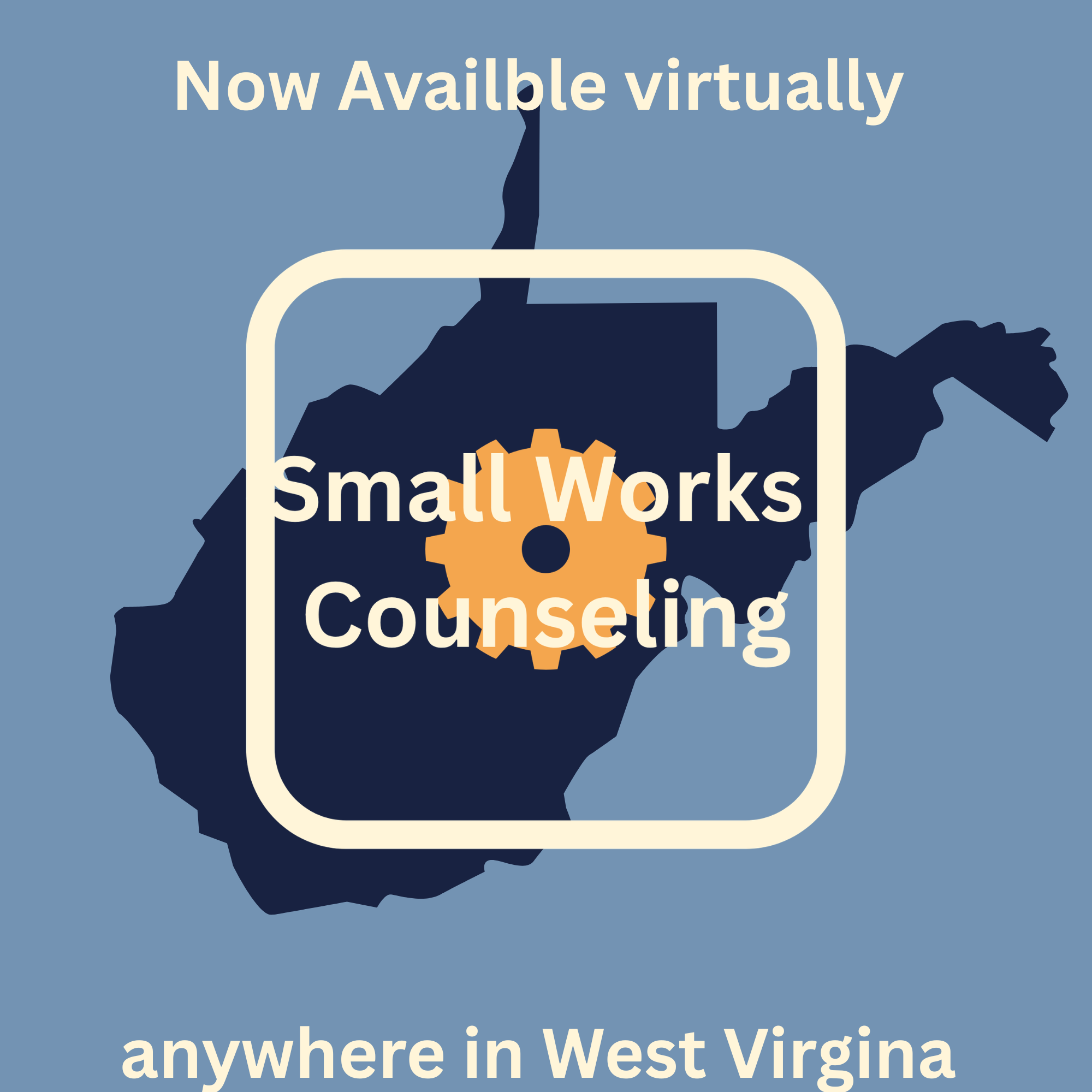 A digital illustration showing a person looking at a smartphone, with text indicating availability of therapy services virtually anywhere in West Virginia.