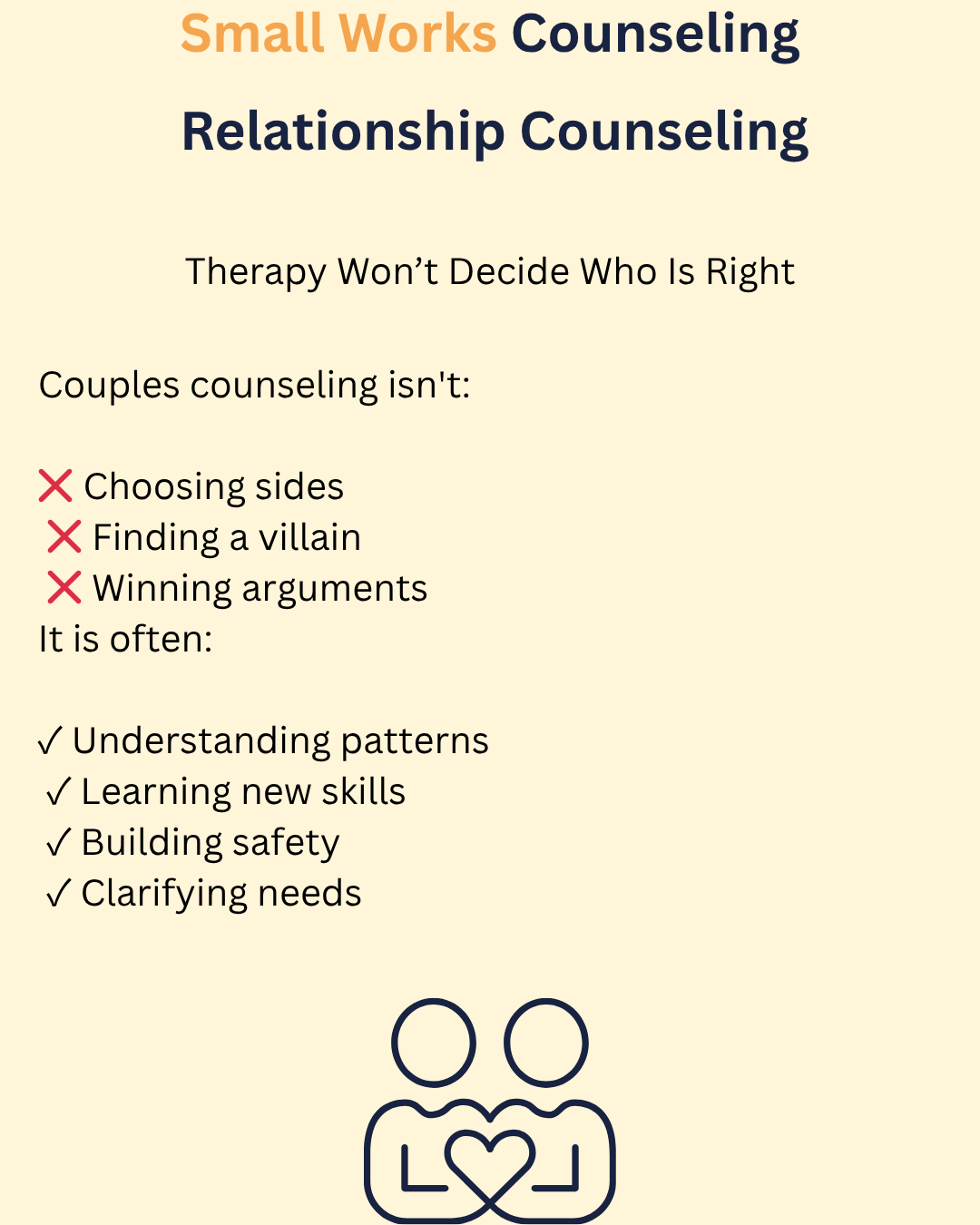 Infographic about couples counseling, emphasizing understanding patterns and learning new skills over choosing sides, finding a villain, or winning arguments. Includes a simple line drawing of two people with a heart between them.