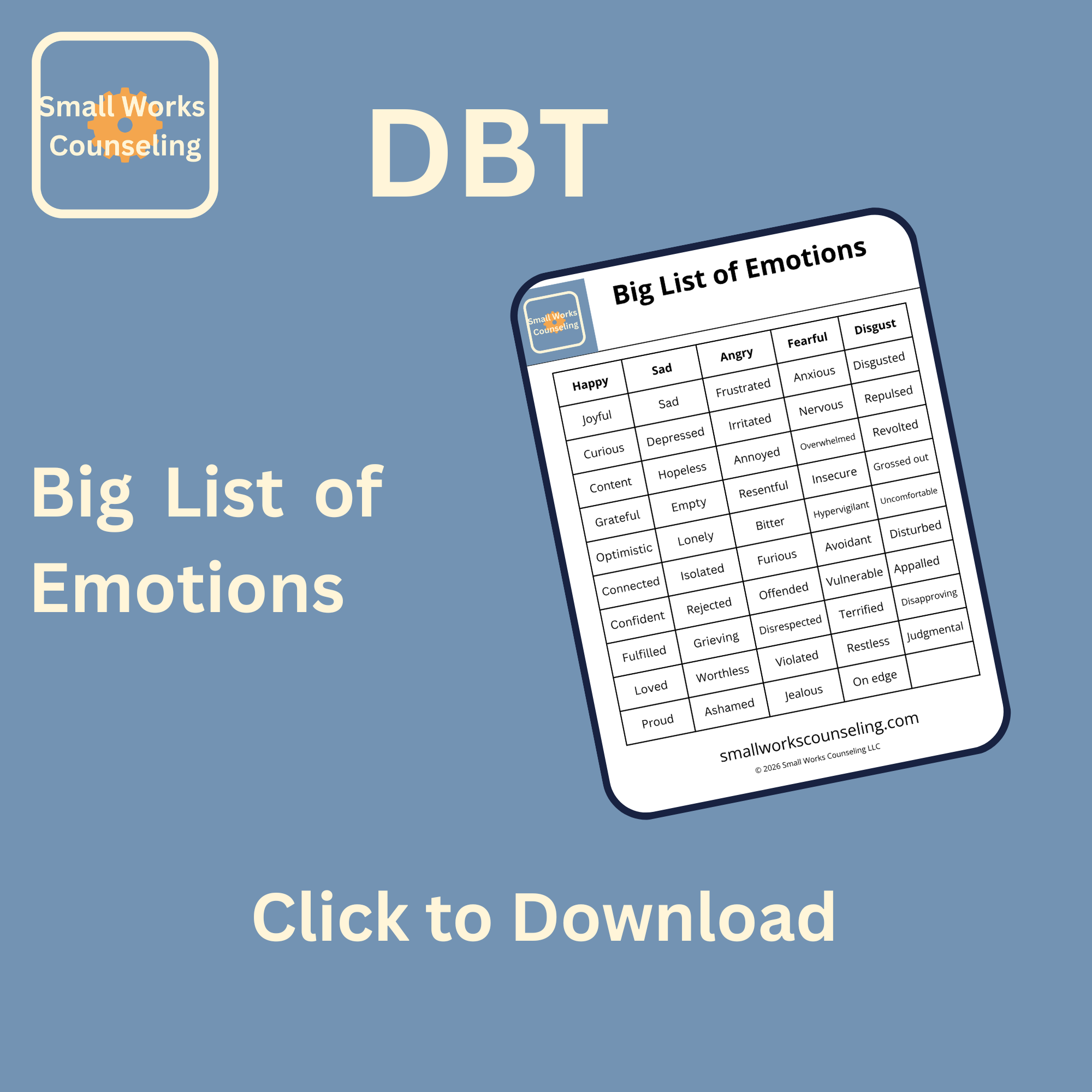 Promotional graphic for Small Works Counseling featuring a blue background and a tilted sheet of paper with a big list of emotions, including words like Happy, Sad, Angry, and Disgust, along with the small Small Works Counseling logo in the top left corner.