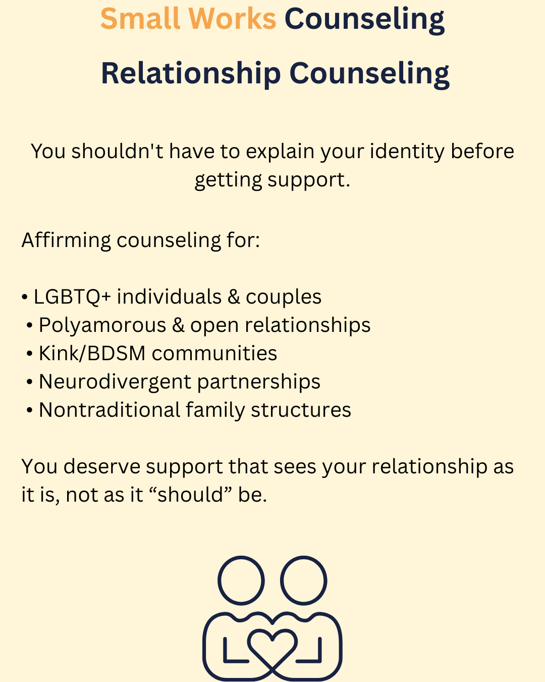 A flyer titled 'Small Works Counseling Relationship Counseling' with support information for LGBTQ+ individuals and couples, polyamorous and open relationships, kink/BDSM communities, neurodivergent partnerships, and nontraditional family structures. The flyer emphasizes that support should see relationships as they are, not as they should be. At the bottom, there is a simple line drawing of two people with a heart between them.