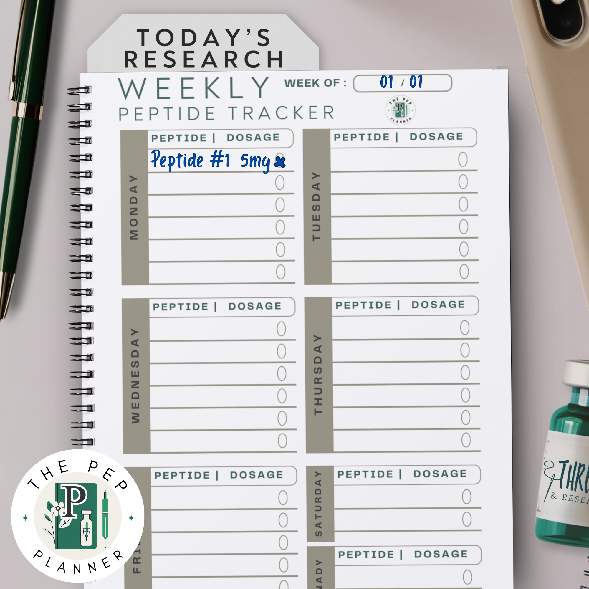 minimalist peptide journal, small peptide tracker, pocket peptide log, 4x6 peptide notebook