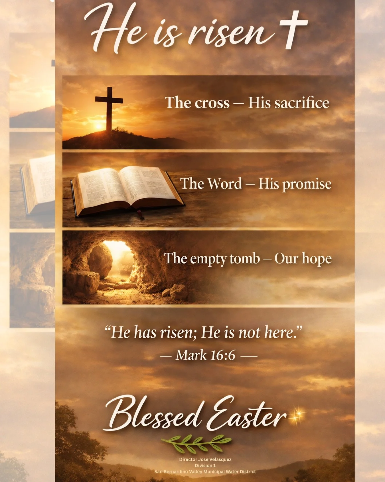 He is risen. ✝️ On Easter we are reminded of the promise of hope, renewal, and eternal life through Christ. The cross stands as a symbol of His sacrifice, and the empty tomb as a testament to His victory.  May this day fill your heart with peace, fai