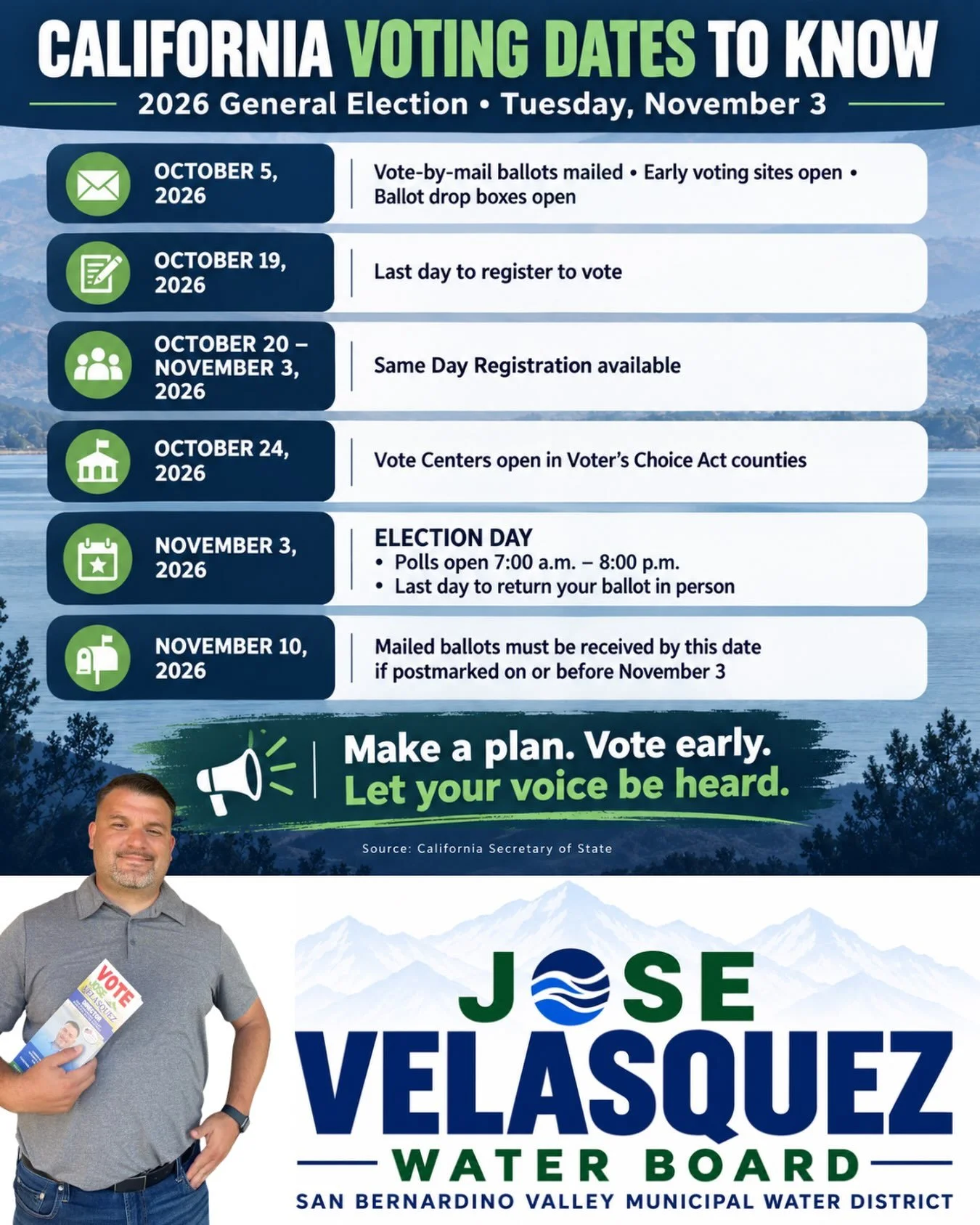 The November 3, 2026 General Election is approaching - make sure you&rsquo;re ready to vote.  Make a plan, vote early, and make your voice heard. #vote2026 #yourvoicematters #velasquezforsbvmwd #californiavotes