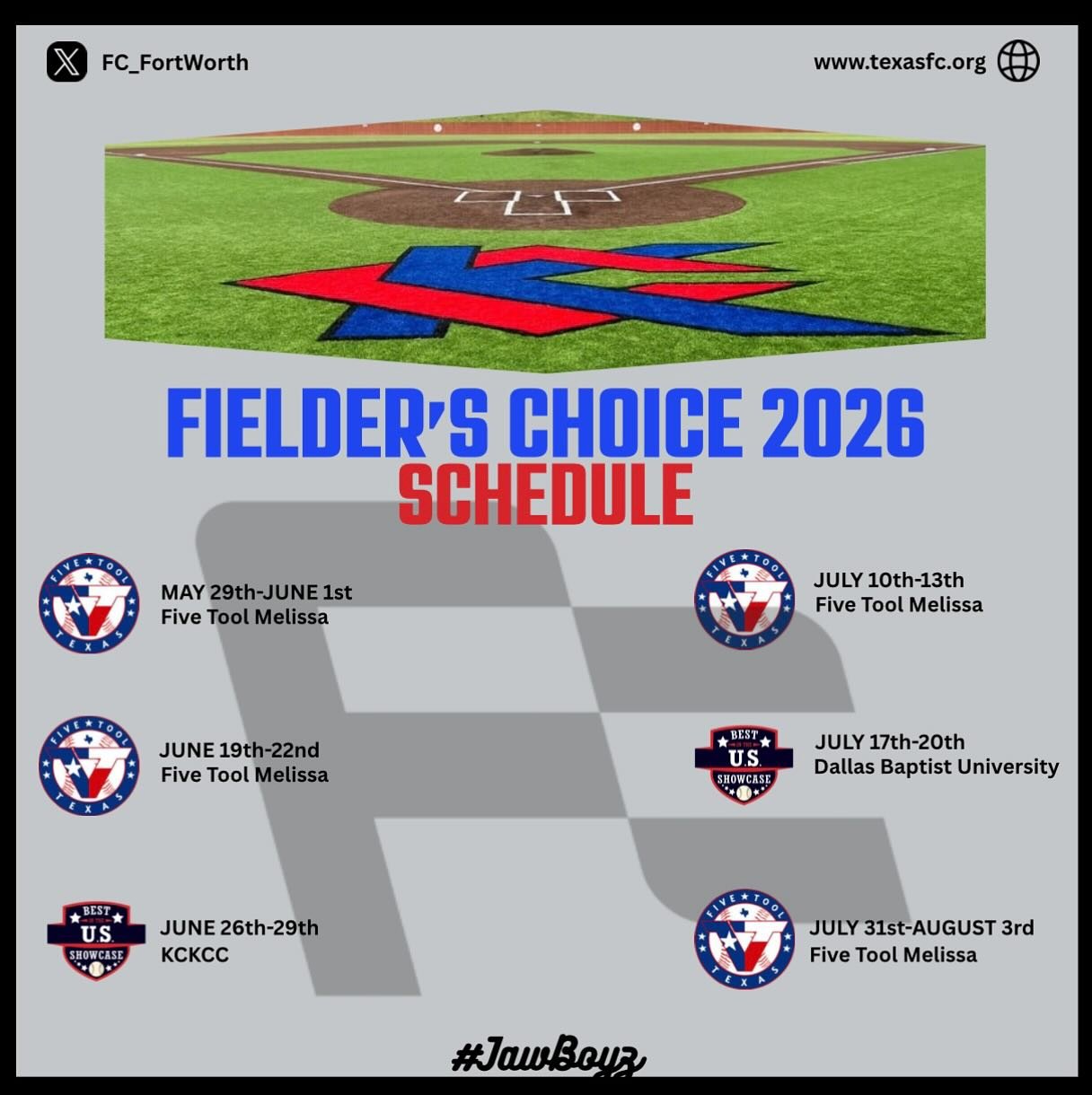 Introducing our Fielder&rsquo;s Choice 2026 (17u) summer schedule!

Our 2026 (17u) went for a revamp after last summer and fall and have players from all around Texas joining this team. We&rsquo;re excited for the summer and watching this team compet