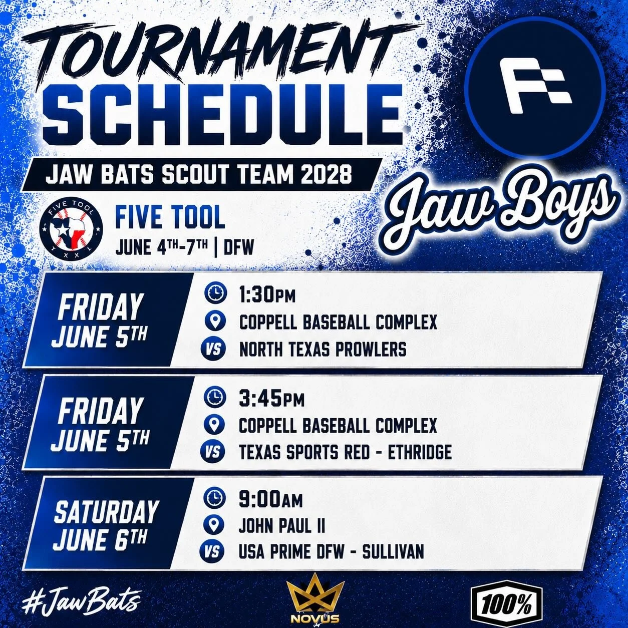 Summer Circuit begins for our 2028 Jaw Bats Scout team.

Excited for this young group and the talent they have, they will be playing in the 17u bracket this tournament and for majority of the summer.

#jawboys