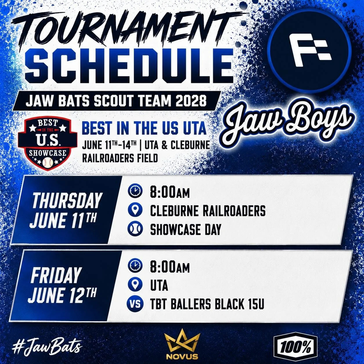 Jaw Bats Scout Team 2028

Continues this week with another tournament, coming off their 5-0 and championship finish last week. Saturday &amp; Sunday games will be TBD based on how we do.

Fun weekend in front of college coaches &amp; big league field