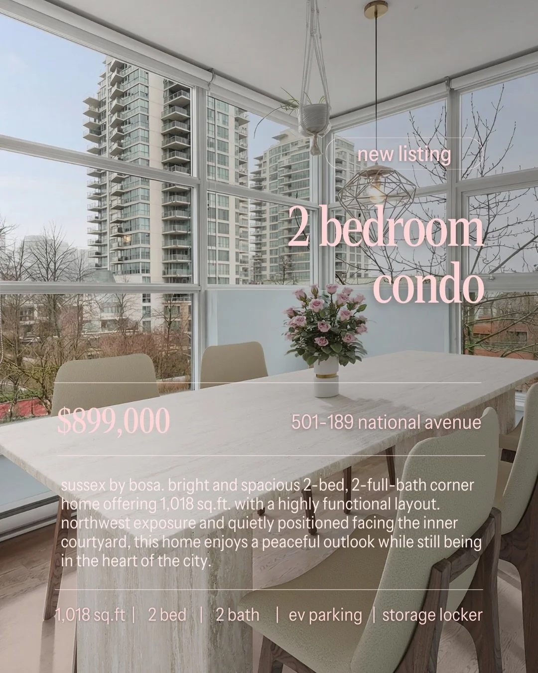 New listing at sussex by bosa! Corner home that faces the inner courtyard. Happy to show it anytime :)

✨ offered at $899,000 &bull; 2 bed &bull; 2 bath &bull; 1,018 sq.ft &bull; EV parking &bull; storage locker &bull; pet friendly &bull; rentals all