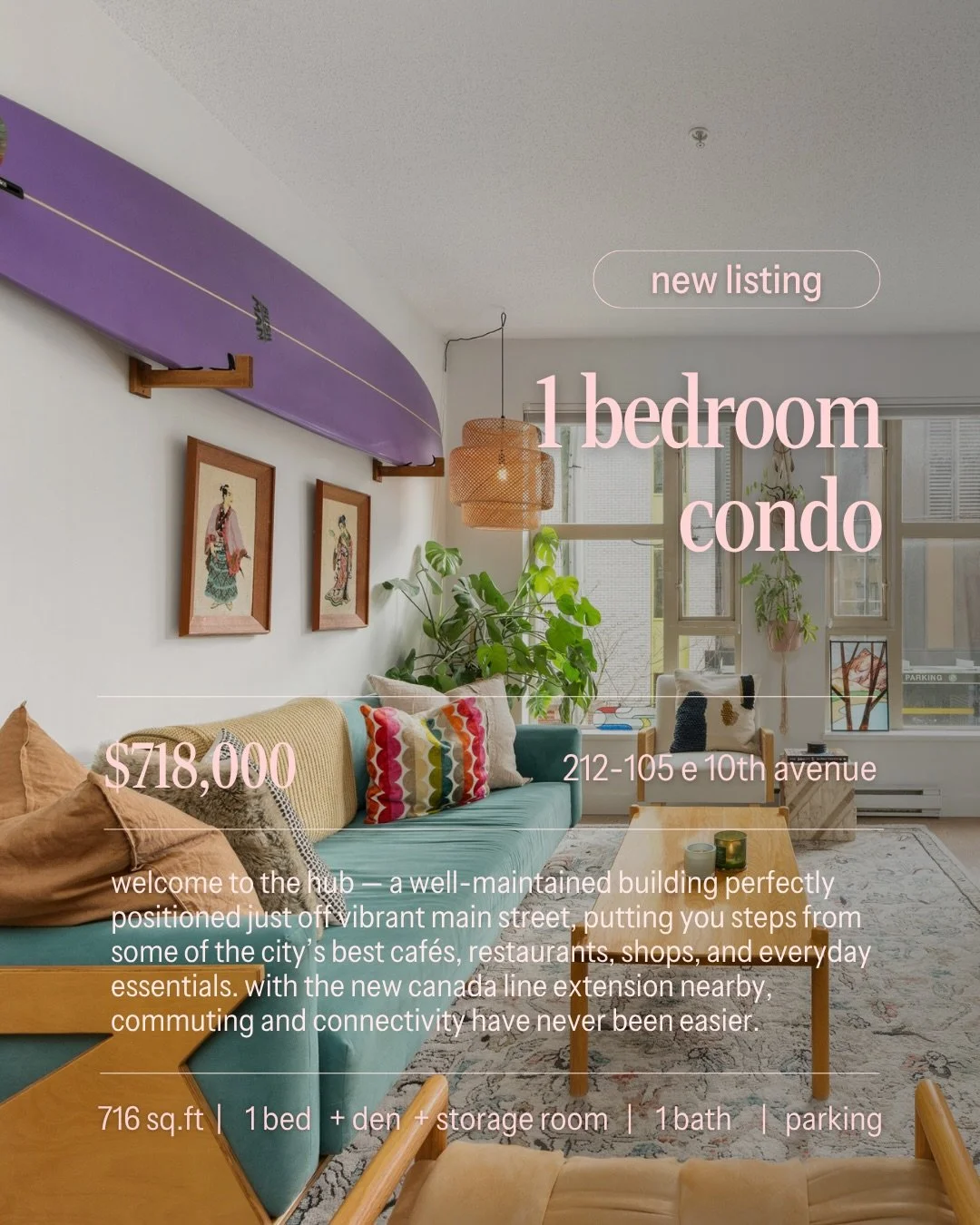 my new listing has the best vibes! Just off Main Street, located in Mount Pleasant. A must see!!

✨ offered at $718,000 &bull; 1 bed &bull; den + storage room &bull; 1 bath &bull; 716 sq.ft &bull; parking &bull; pet friendly &bull; rentals allowed ✨
