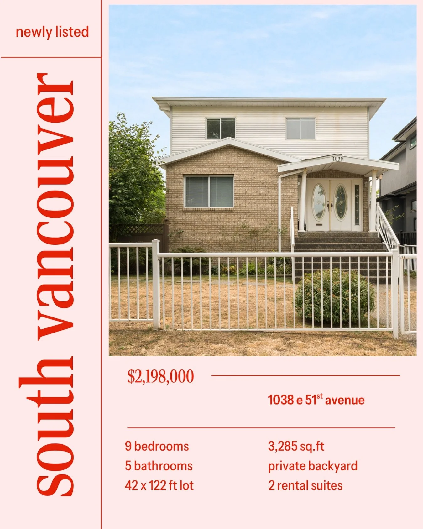 my new listing is a must see! A lot of potential with this 42x122 ft lot family home in South Vancouver. 

✨ offered at $2,198,000 &bull; 9 bed &bull; 5 bath &bull; 3,285 sq.ft &bull; 2 rental suites (option for 4) &bull; garage &bull; private back y