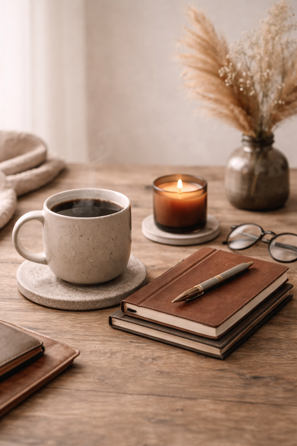 A cozy workspace with a steaming cup of coffee on a coaster, a lit candle, a pair of glasses, a brown leather notebook with a matching pen, and a vase with dried grasses on a wooden table.