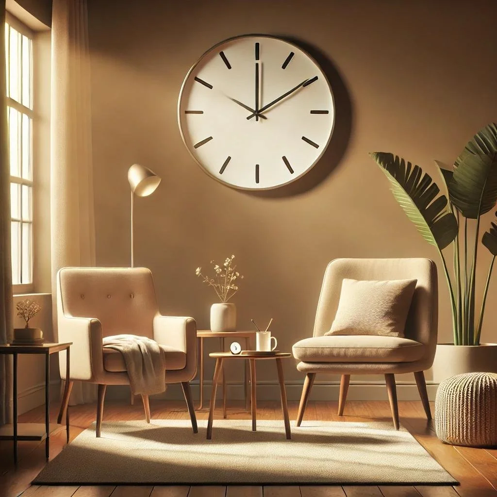 Living room with beige chairs, a small coffee table, a tall plant, a wall clock, and soft natural lighting.
