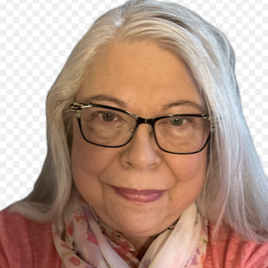 Elderly woman with glasses and white hair.