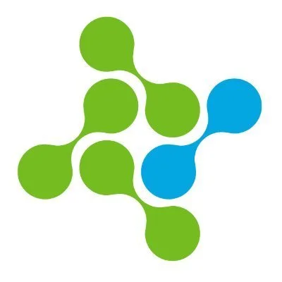 Abstract green and blue interconnected shapes on a white background.