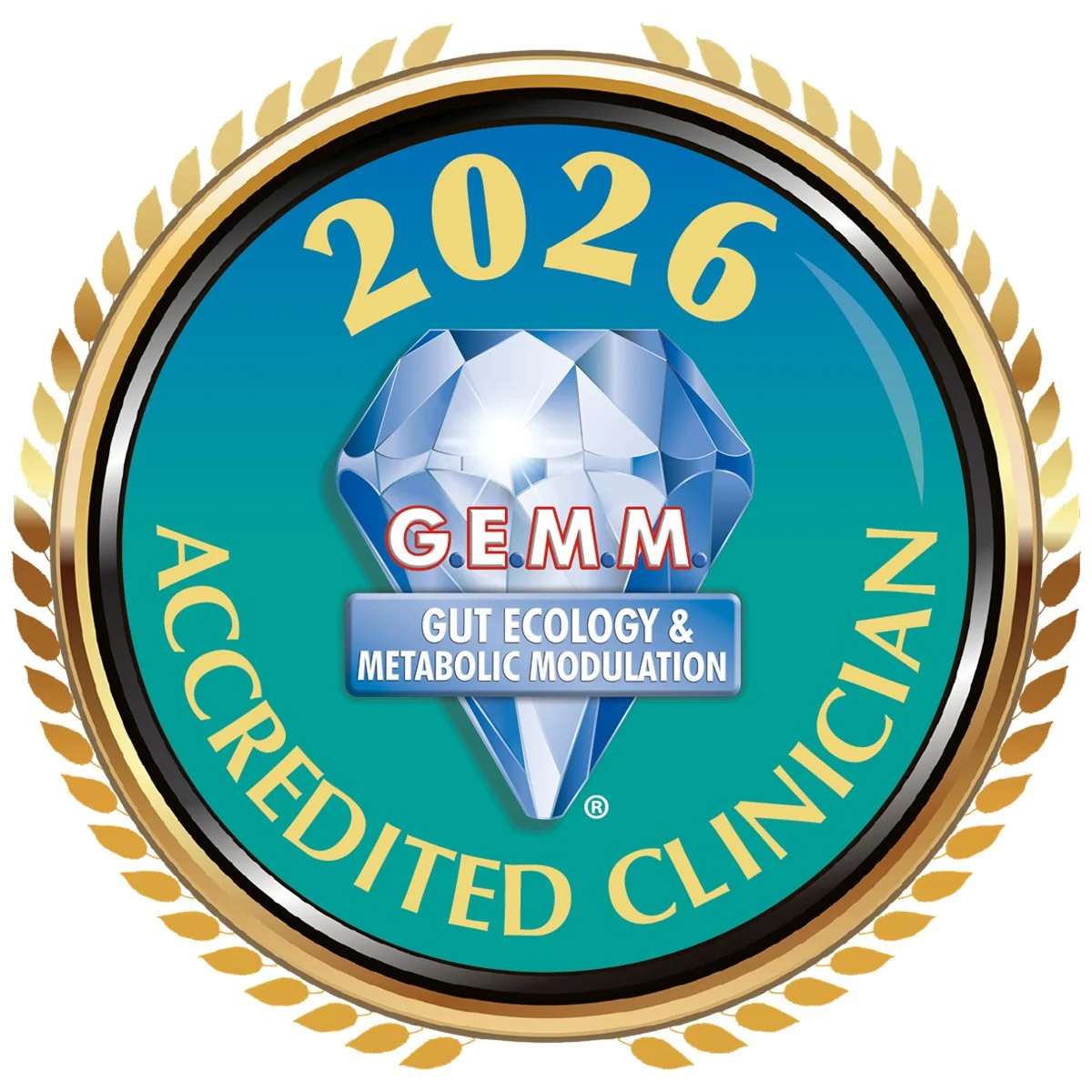 G.E.M.M. accredited clinic badge with a blue diamond and text for gut ecology and metabolic modulation, dated 2026, surrounded by a gold laurel wreath.