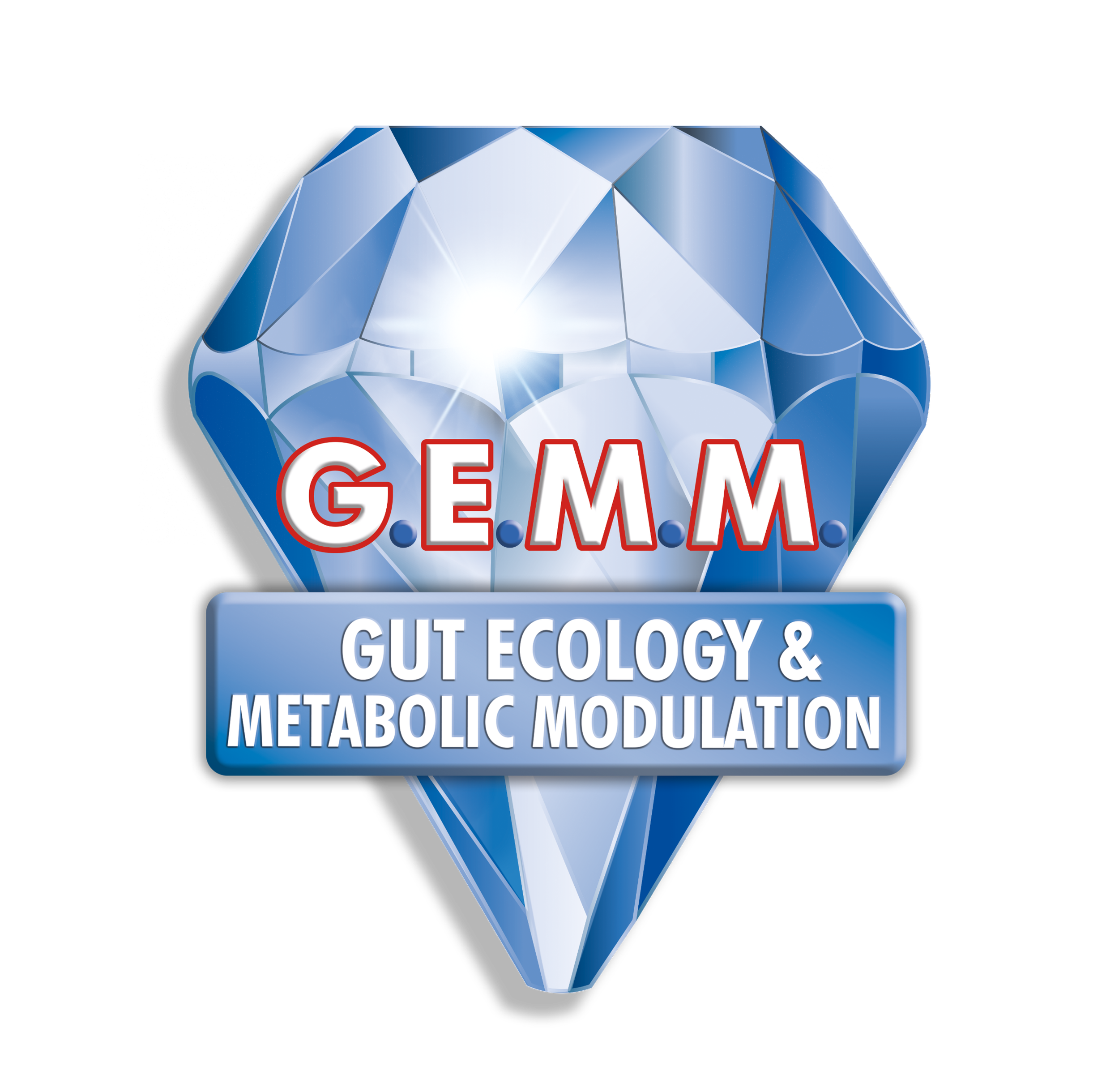 A diamond icon with the words 'GEMM' in red and white letters and a blue background, with additional text about gut ecology and metabolic modulation.