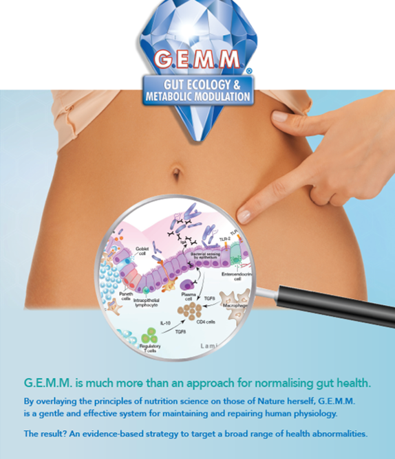 A woman pointing to her stomach, with a graphic of gut microbiology, and a G.E.M.M. logo at the top, promoting gut ecology and metabolic modulation.