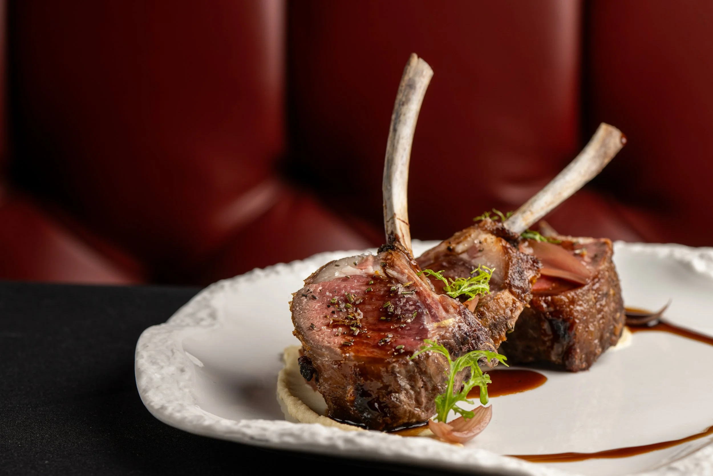 Dry Aged Colorado Lamb Rack, Celery Root Soubise, Pickled Pearl Onions, Rosemary Jus