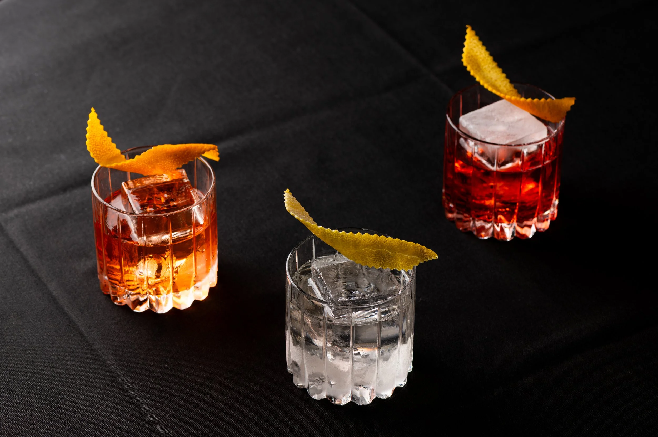 Patrick Swayze's: NEGRONI MENU, ROAD HOUSE - Barrel Aged Gin Negroni, POINT BREAK - White Negroni, DIRTY DANCING - Mezcal Negroni