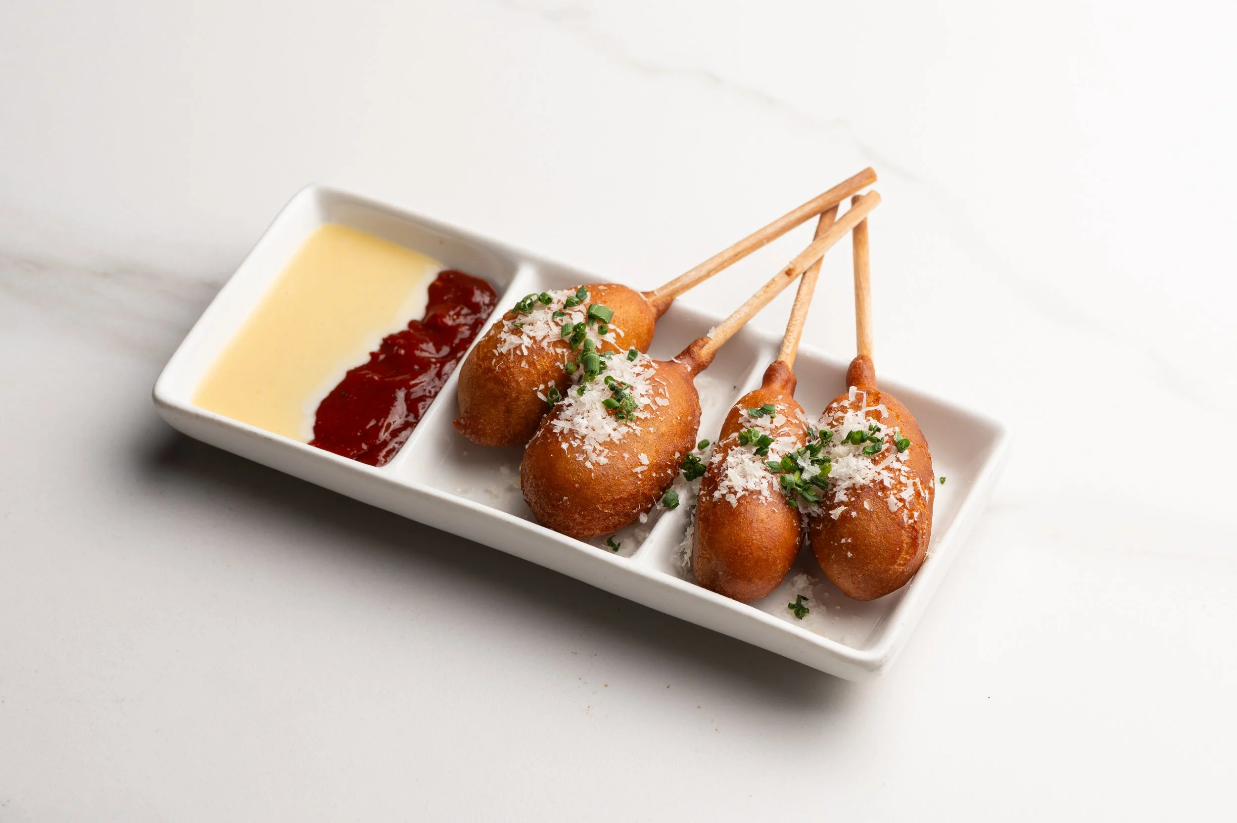 Mini Corn Dogs en Brochette, Smoked Beef Frankfurters in Housemade Batter