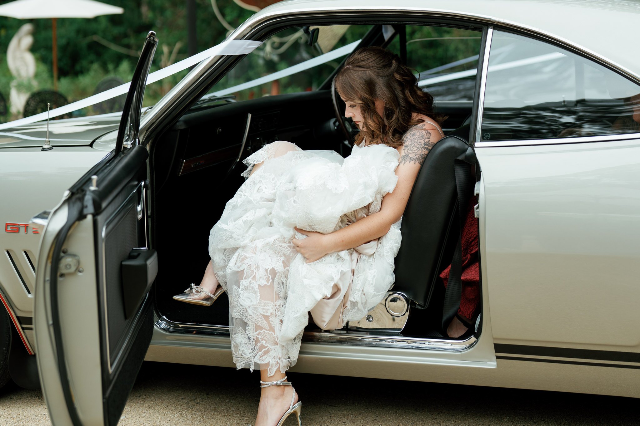 Bride Exiting Holden Car for Kangy Gardens Wedding Ceremony