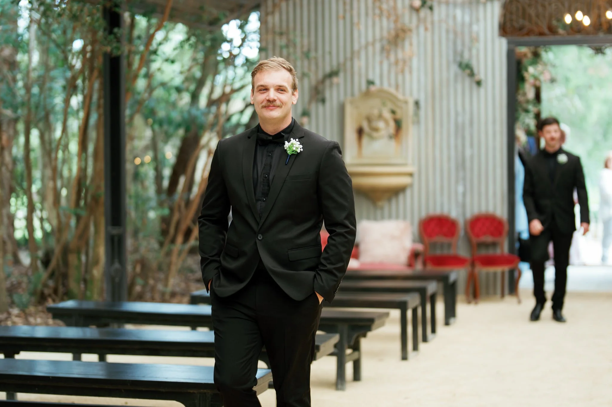 Groom Arrives at Kangy Gardens Wedding Ceremony Hunter Valley