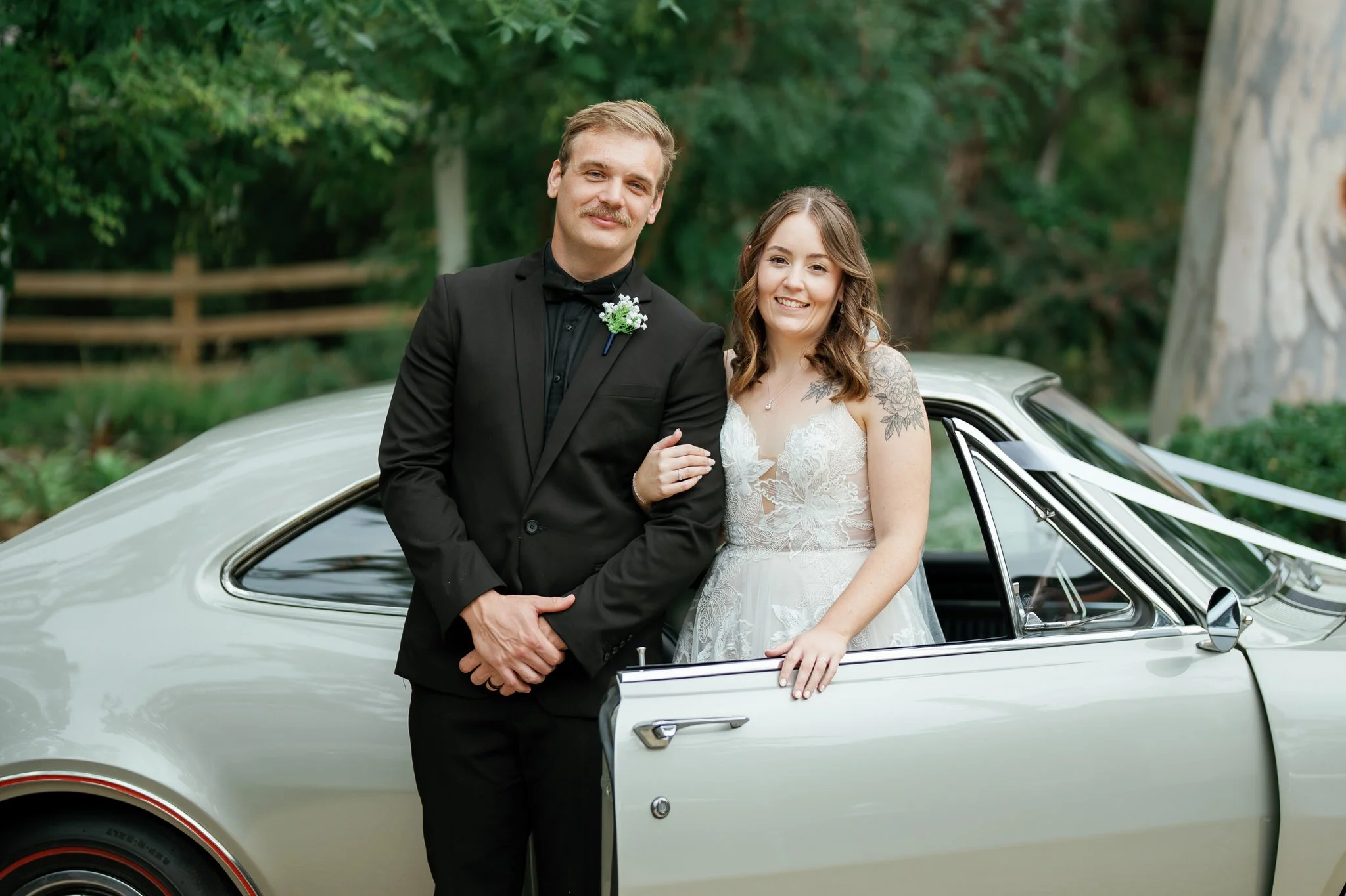 Bride and Groom Smile Beside Vintage Wedding Car Hunter Valley