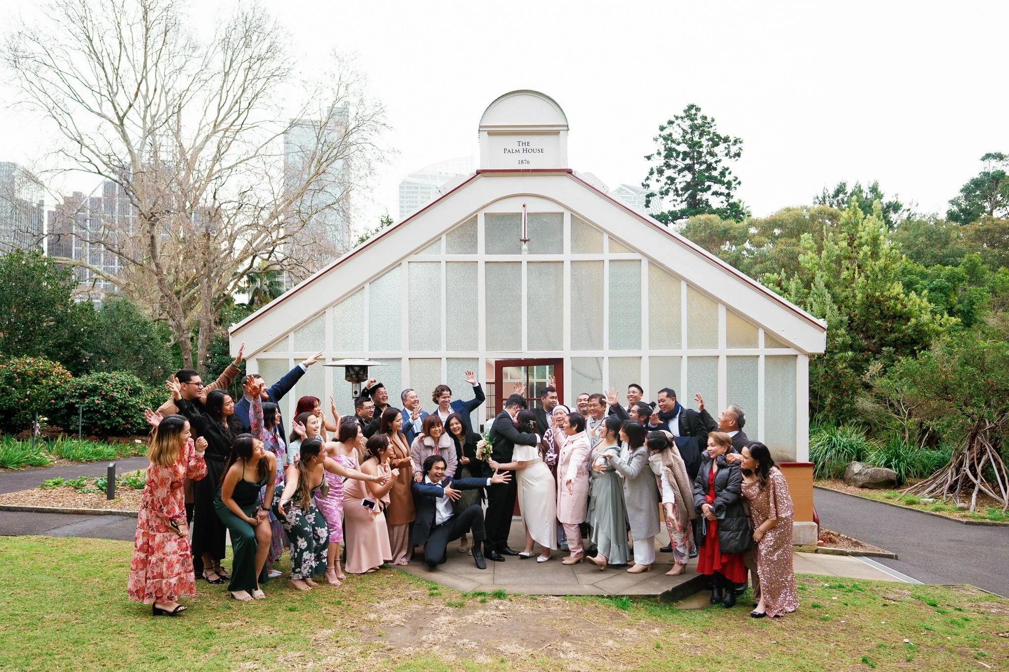 Candid Group Wedding Photo Outside Palm House | Botanic Garden Sydney