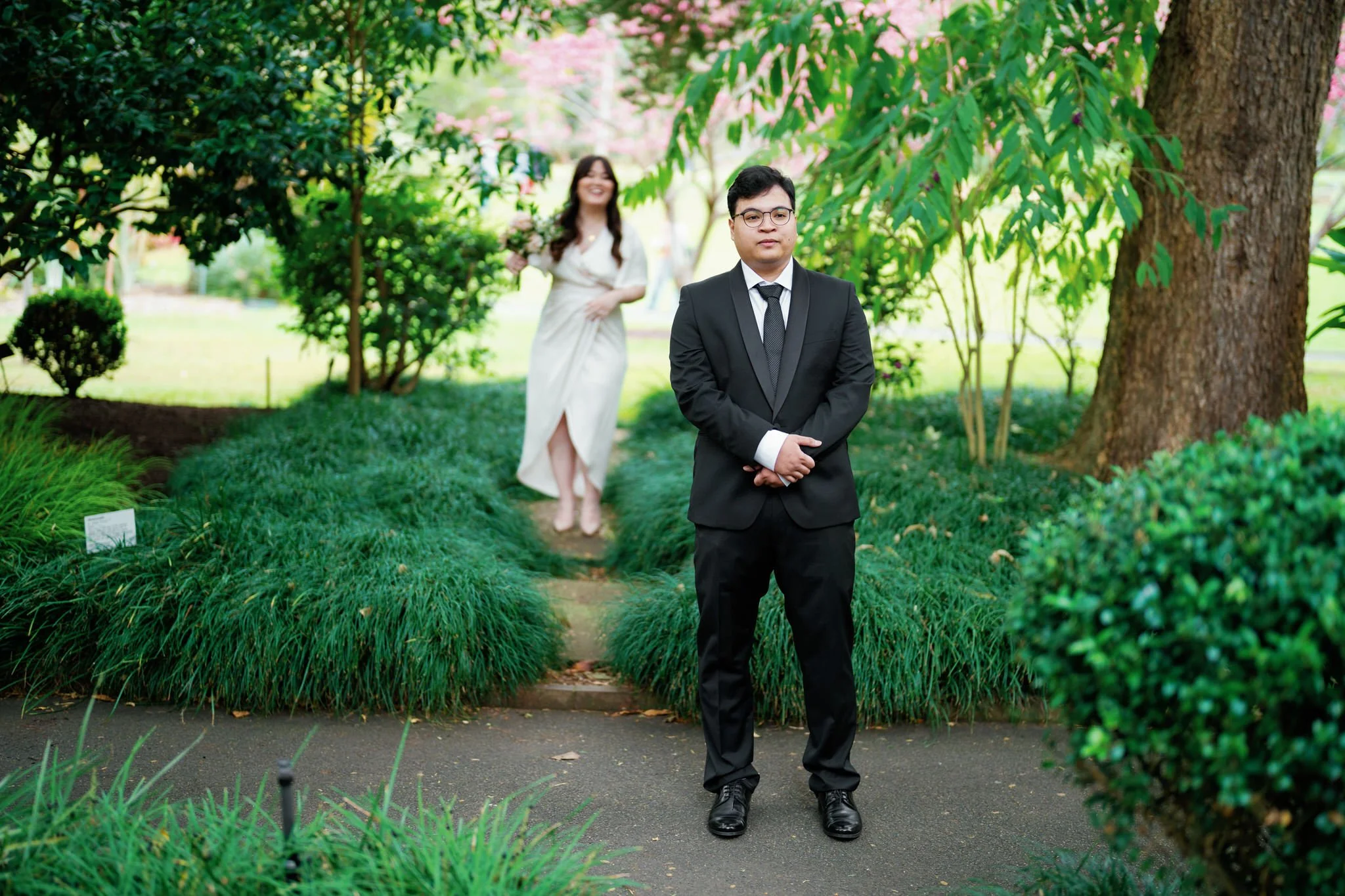 First Look Moment – Bride Approaching Groom at Sydney Botanic Garden Palm House Wedding