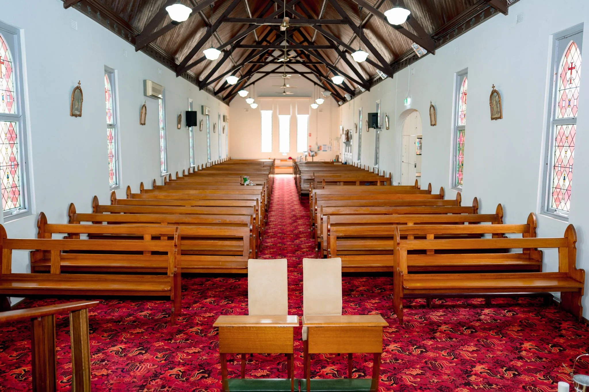 Church pews and aisle view