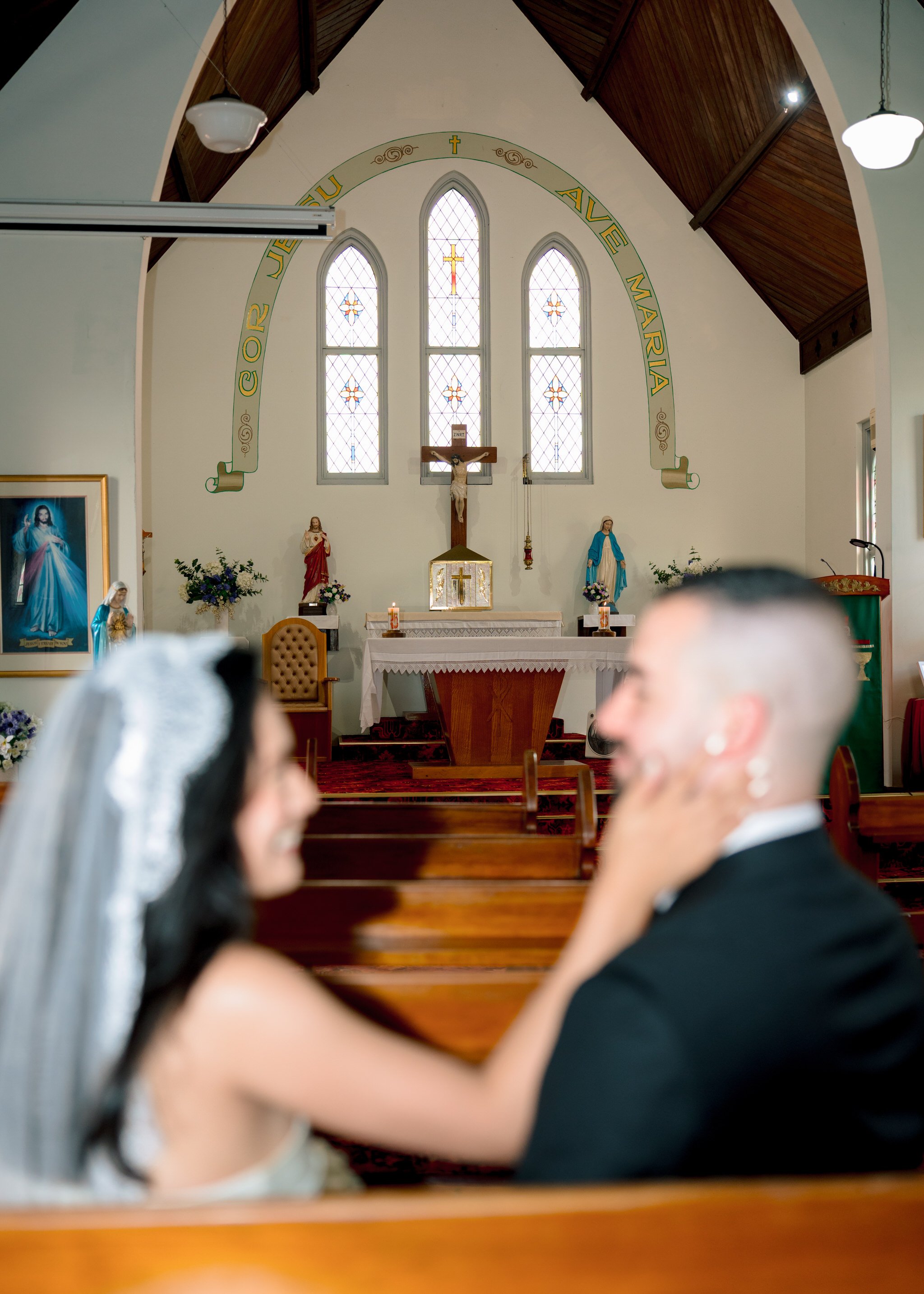 Bride smiling portrait St Cecilia’s Church