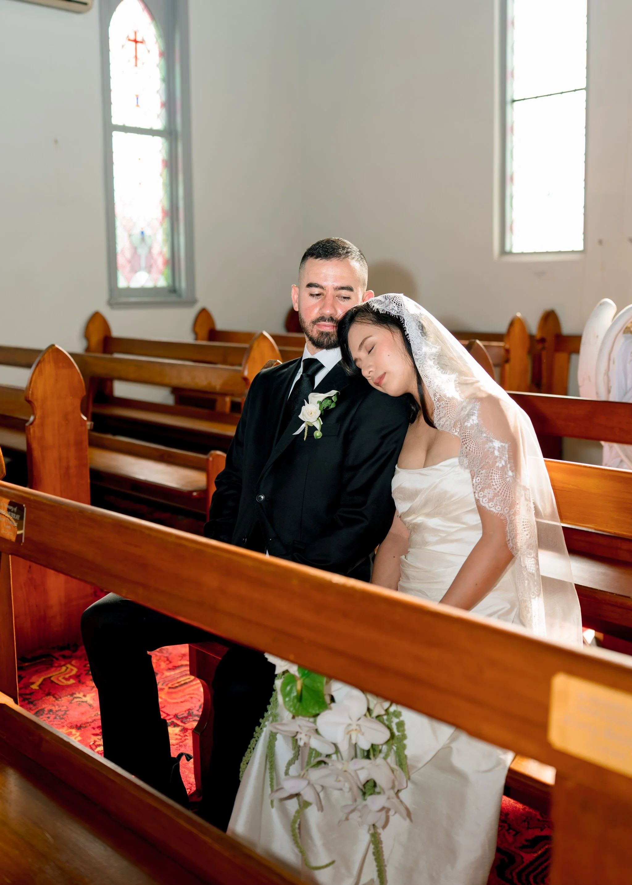 Bride resting on groom St Cecilias