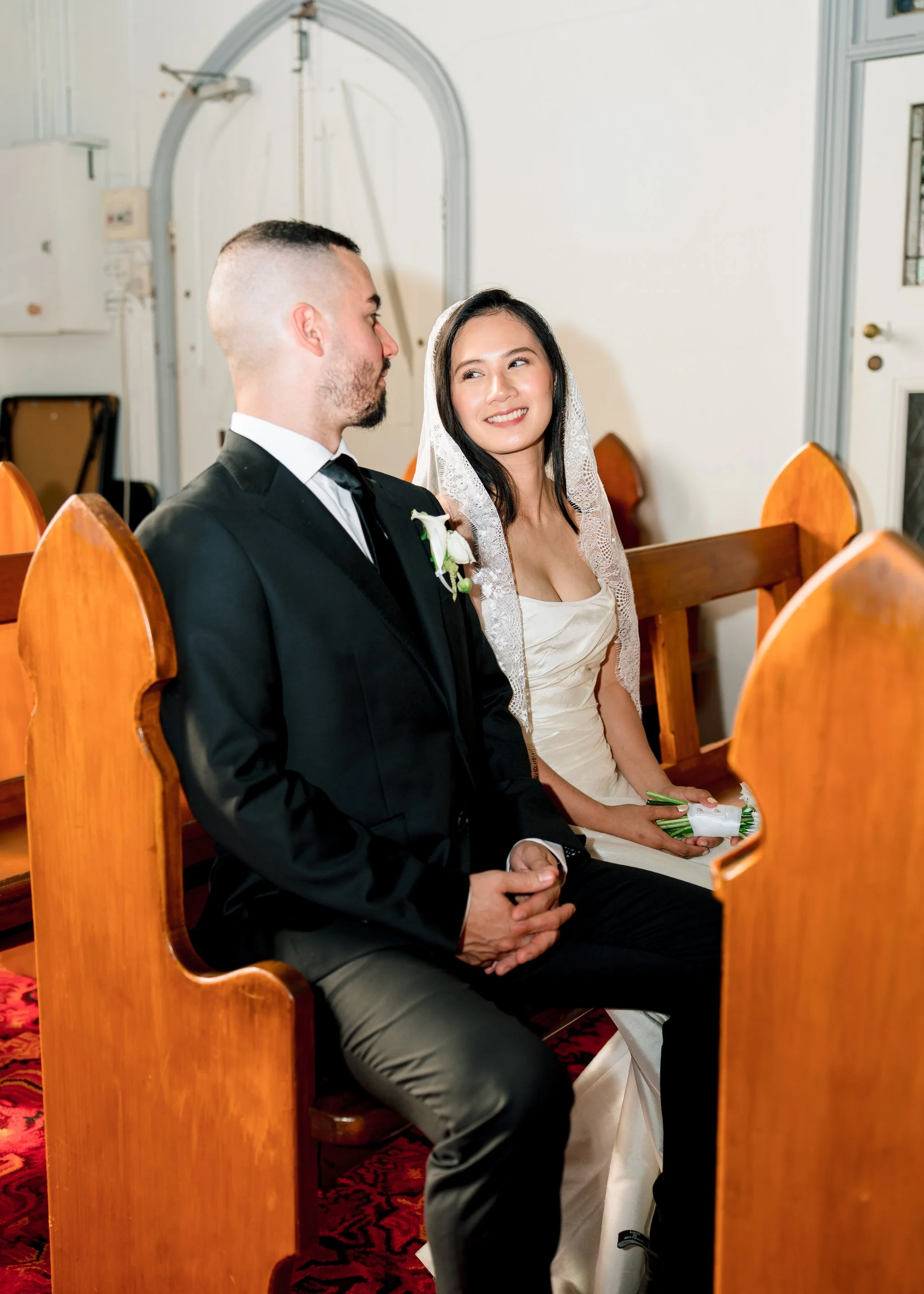 Bride smiling seated portrait St Cecilias