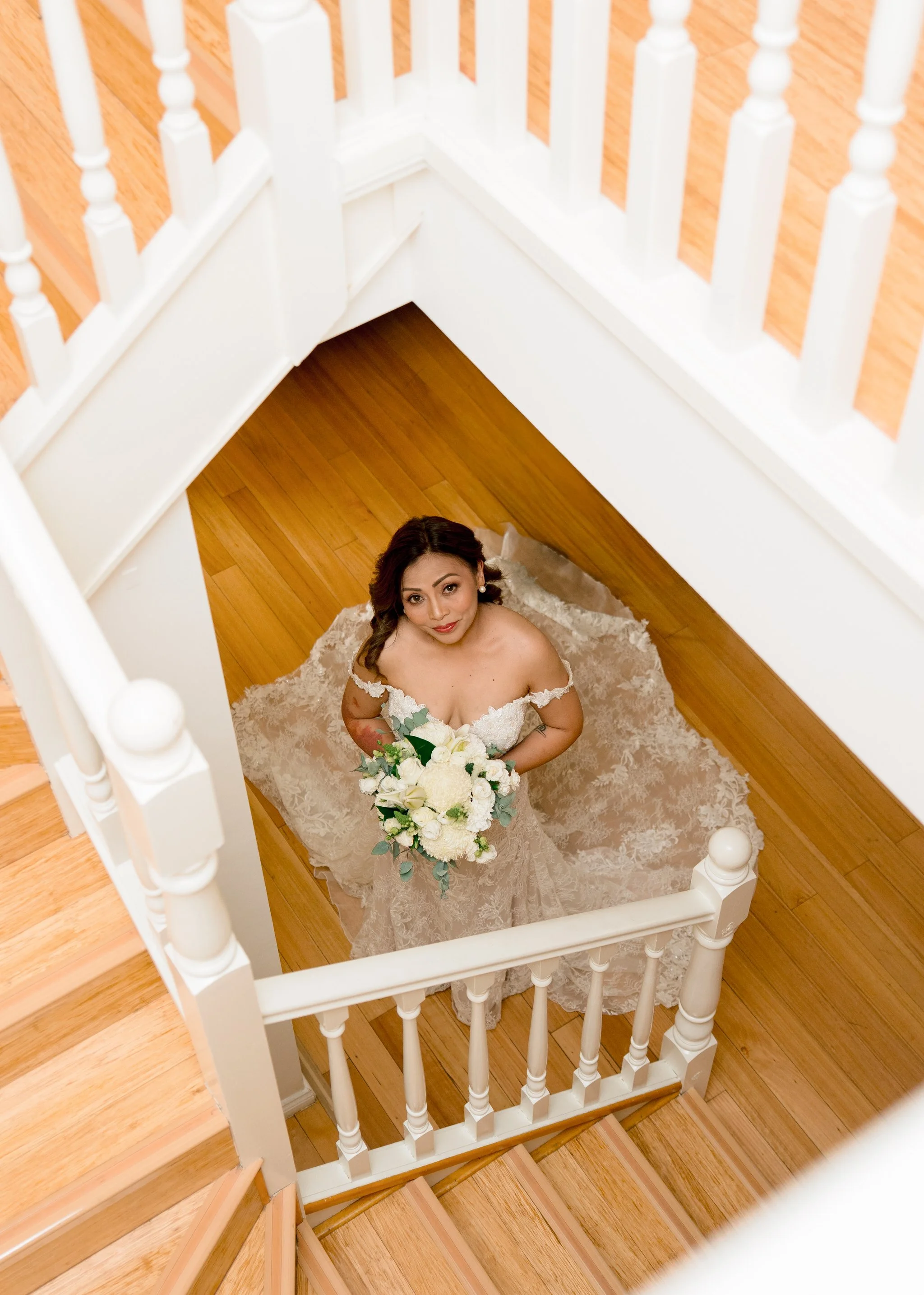 Bride staircase portrait wedding