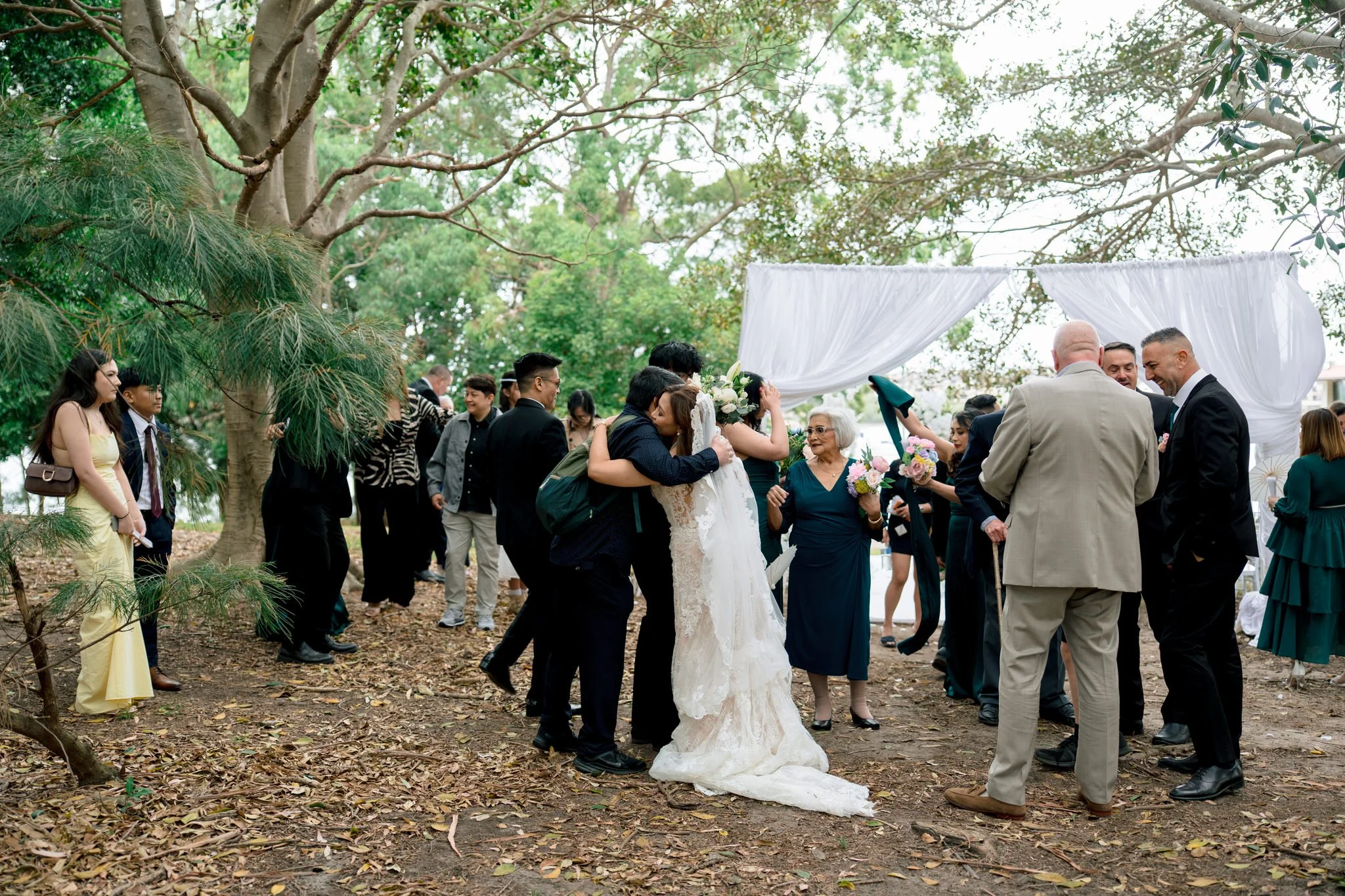 First kiss black and white wedding photo