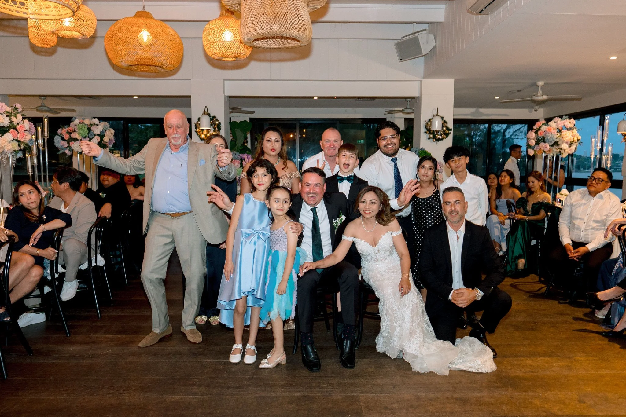 Wedding reception group portrait Angelo’s Cabarita