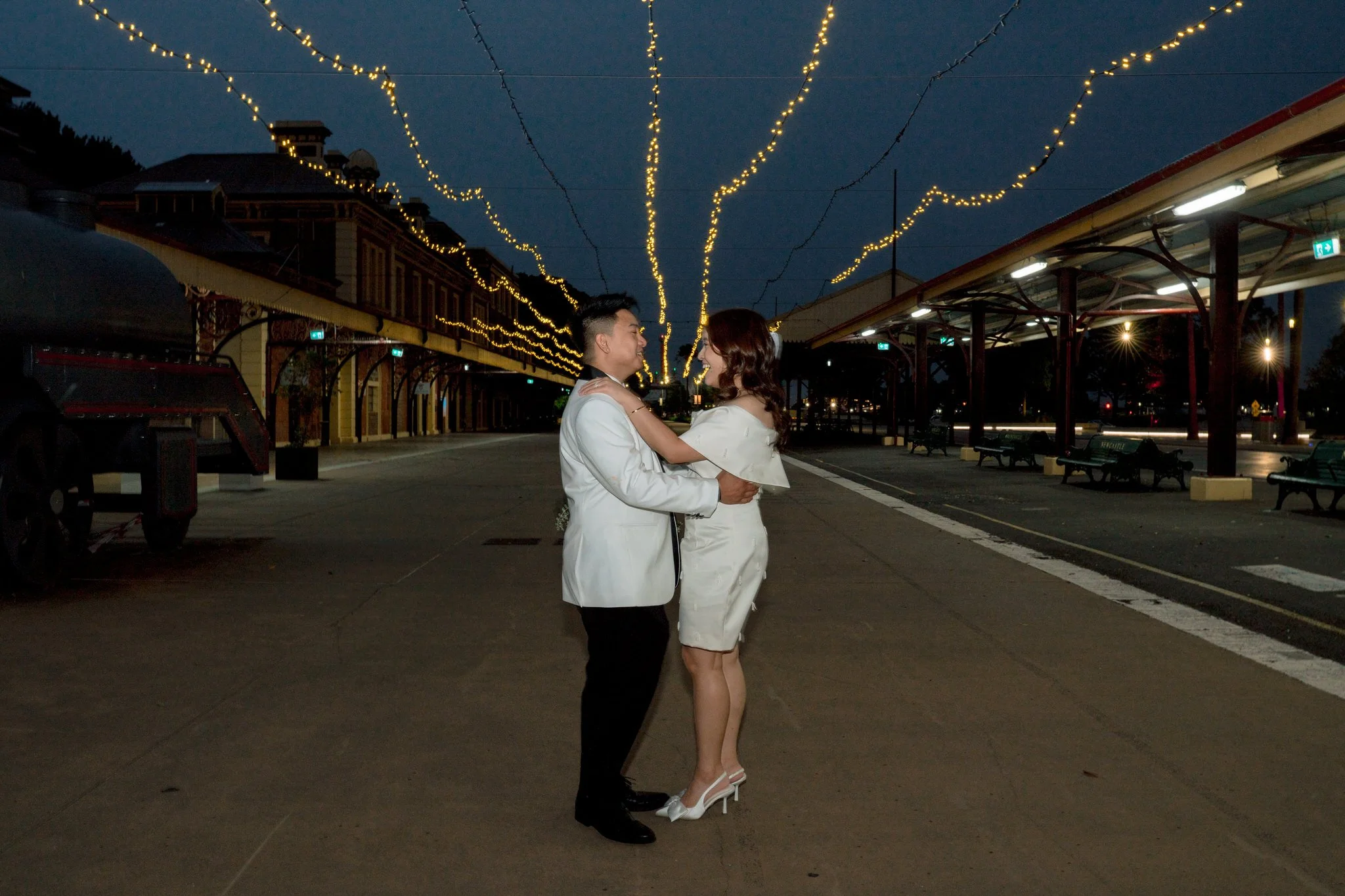 Newcastle wedding portraits under string lights