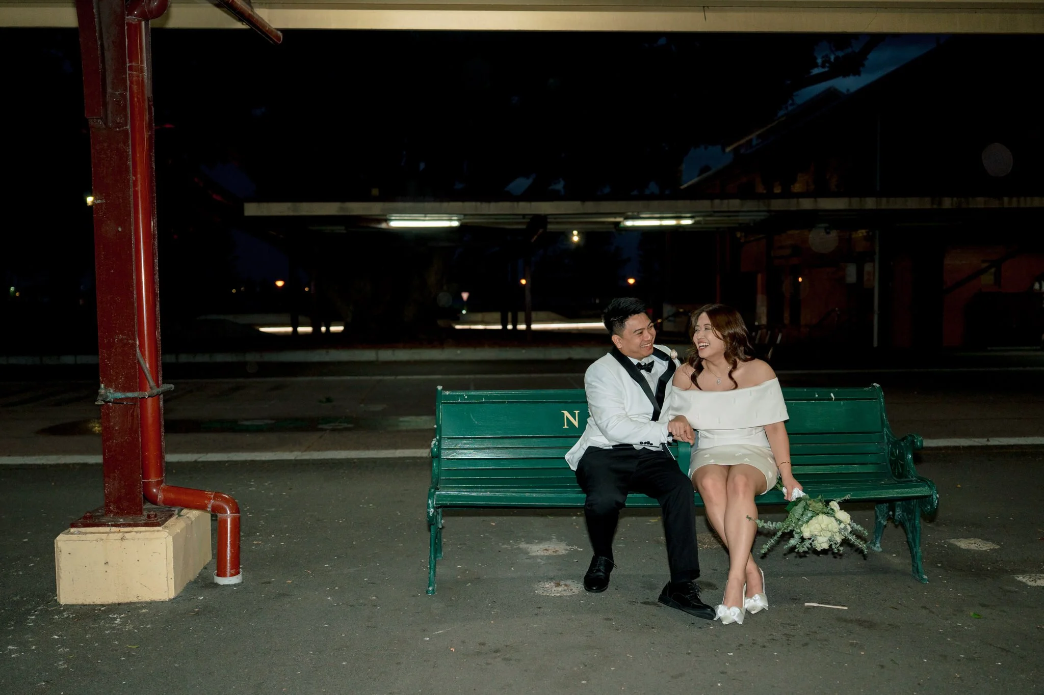 Newcastle wedding portrait on historic bench