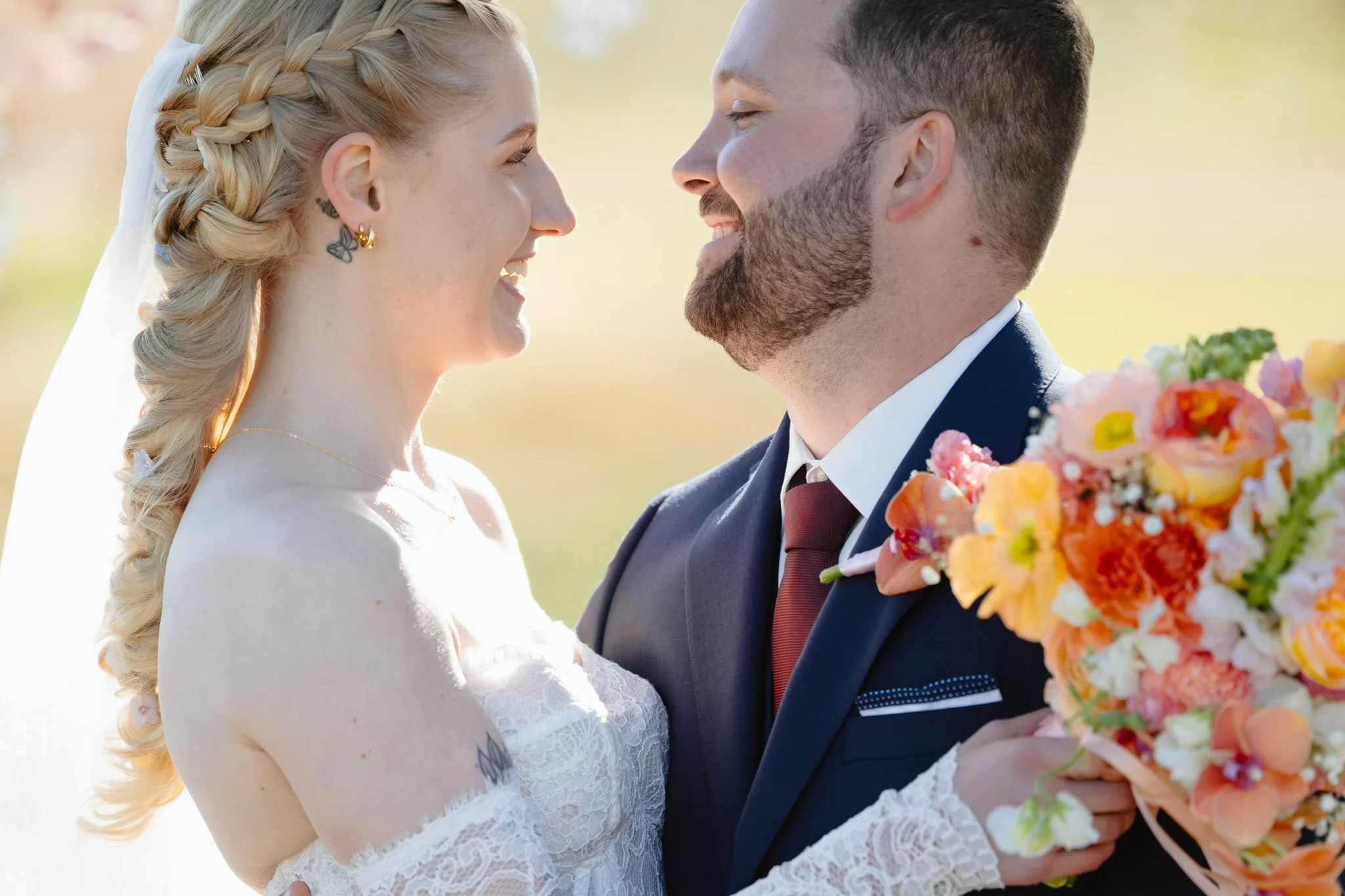 Smiling Newlyweds at Squire's Vineyard